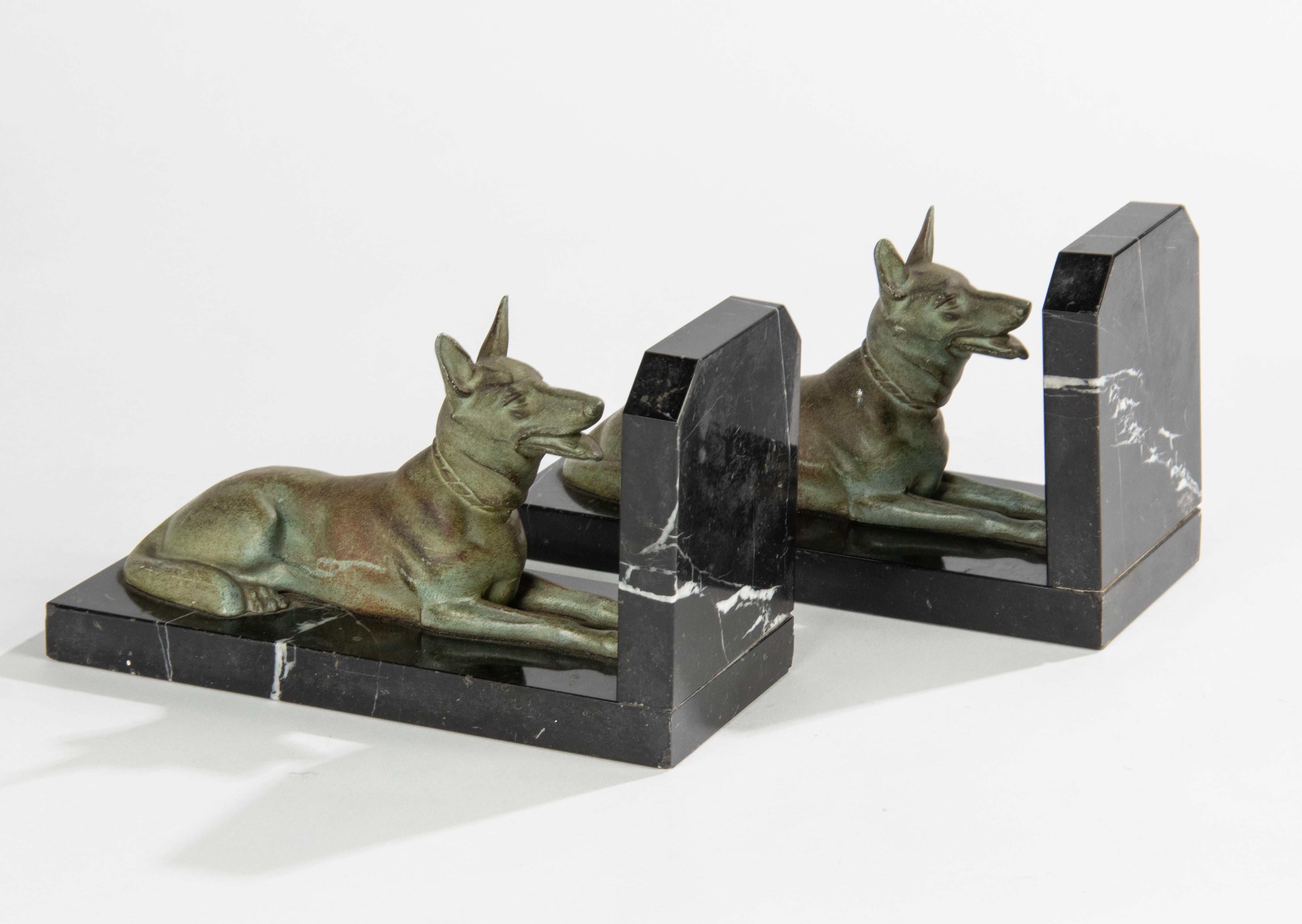Art Deco Period Spelter and Marble Bookends with Belgian Shepherd Dogs 13