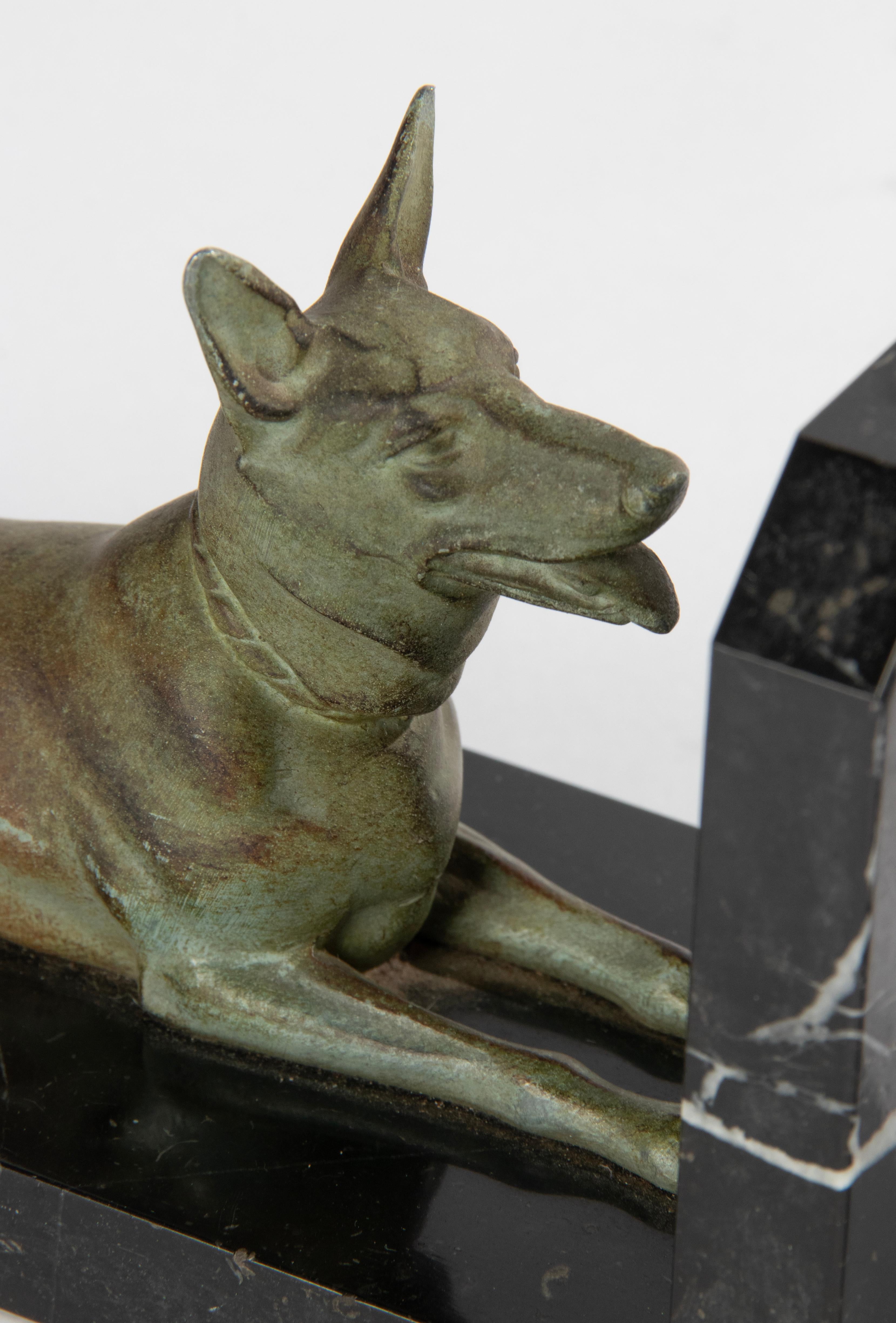 Early 20th Century Art Deco Period Spelter and Marble Bookends with Belgian Shepherd Dogs