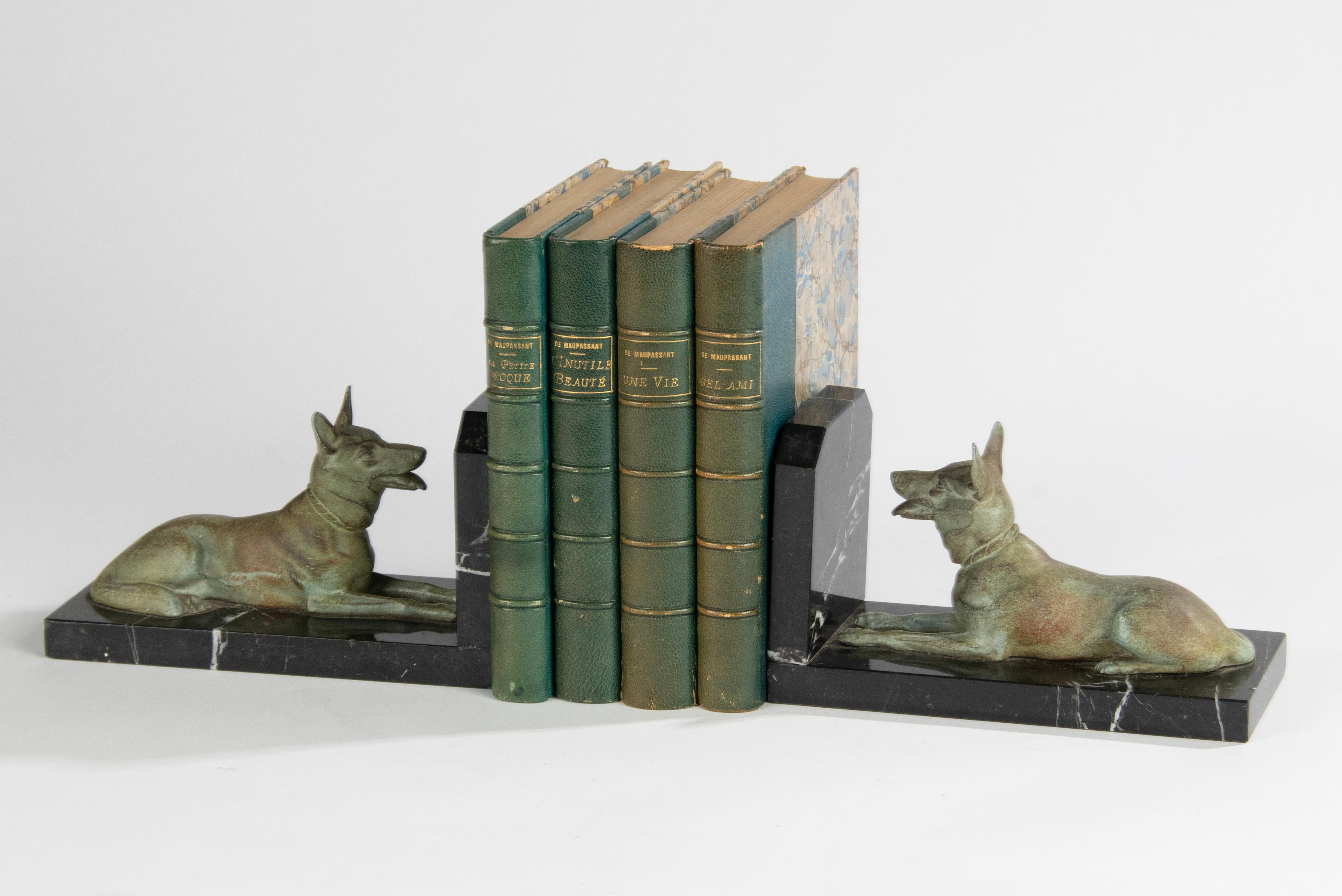Art Deco Period Spelter and Marble Bookends with Belgian Shepherd Dogs 1
