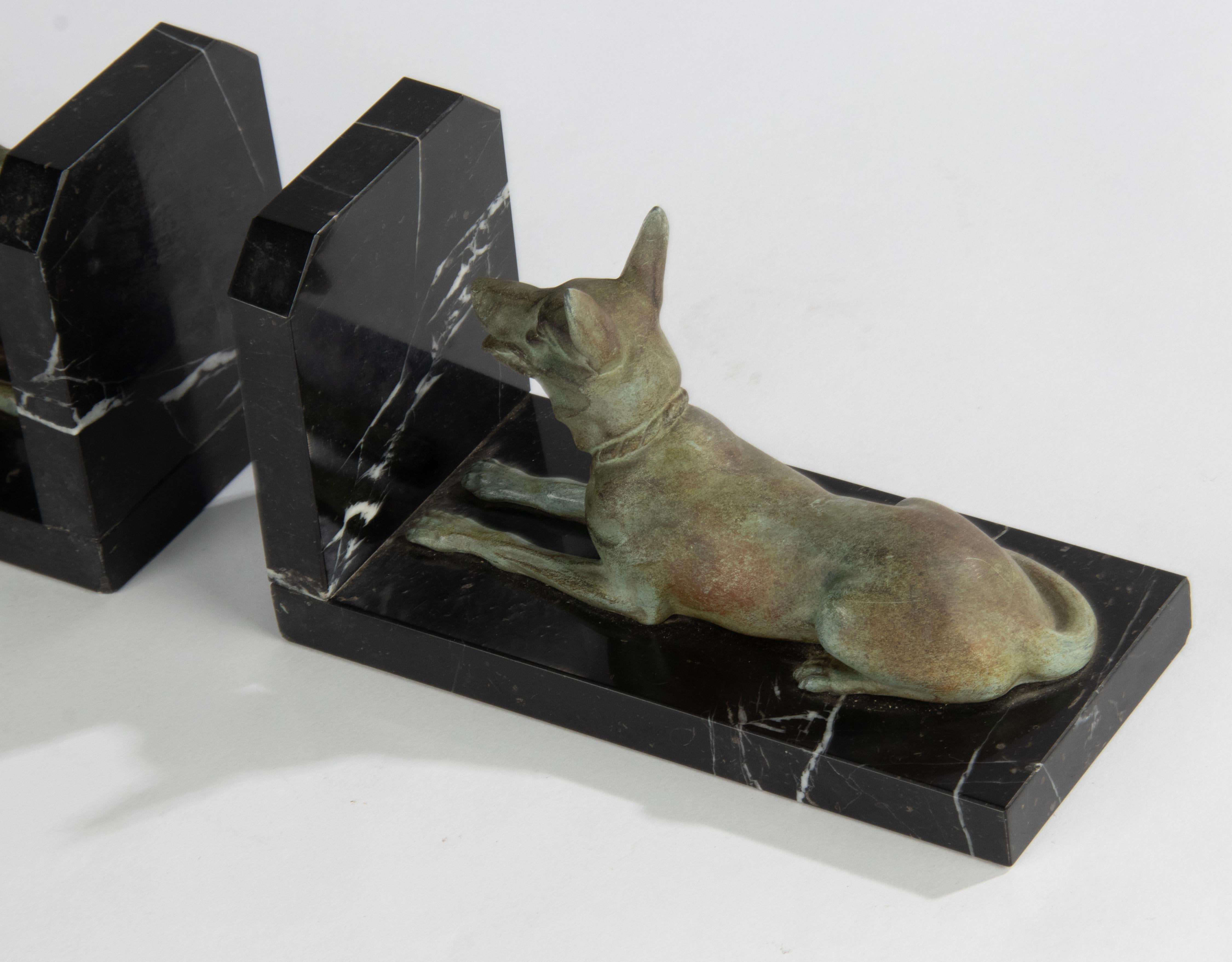Art Deco Period Spelter and Marble Bookends with Belgian Shepherd Dogs 2
