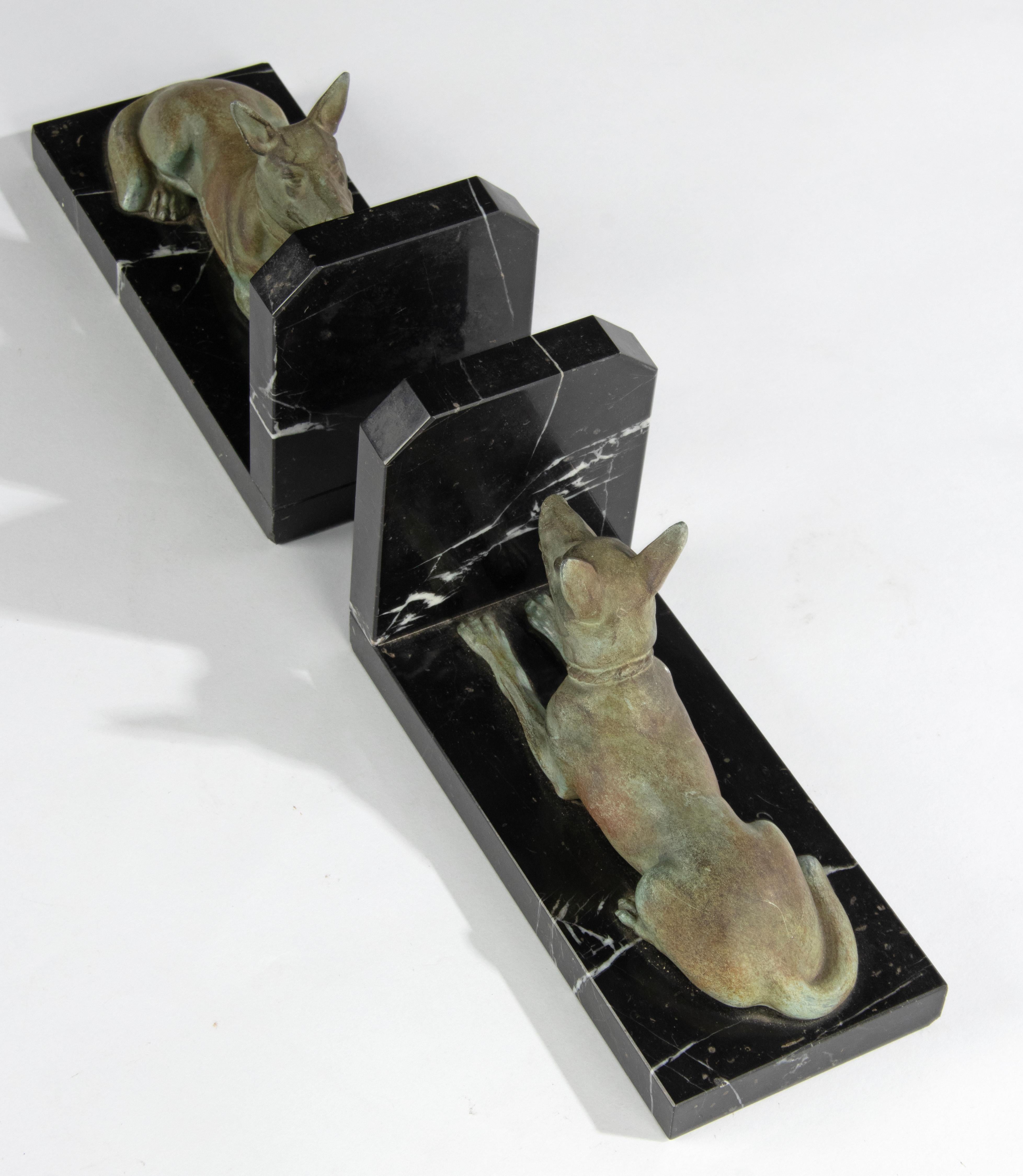 Art Deco Period Spelter and Marble Bookends with Belgian Shepherd Dogs 3