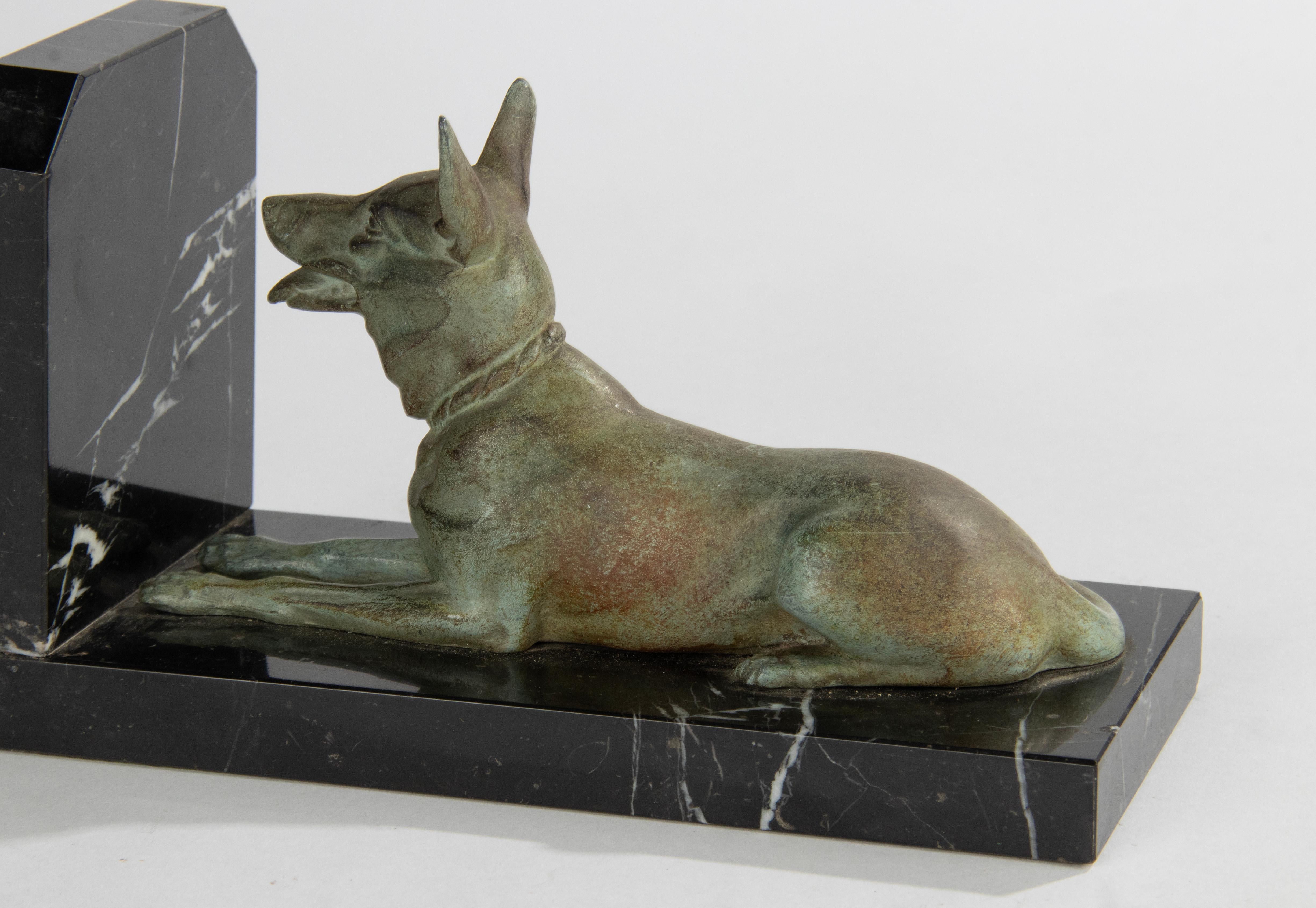Art Deco Period Spelter and Marble Bookends with Belgian Shepherd Dogs 4