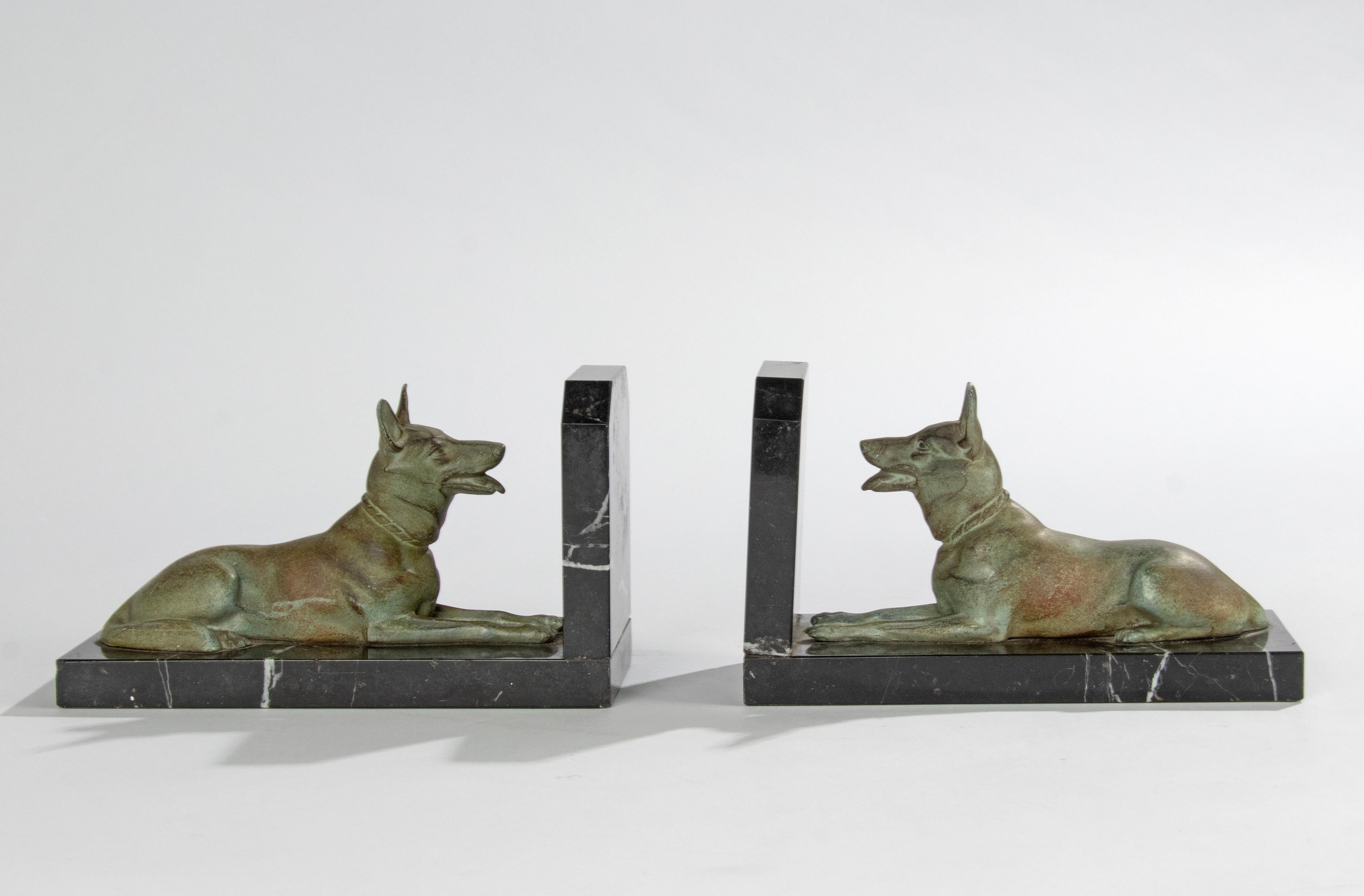 Art Deco Period Spelter and Marble Bookends with Belgian Shepherd Dogs 5