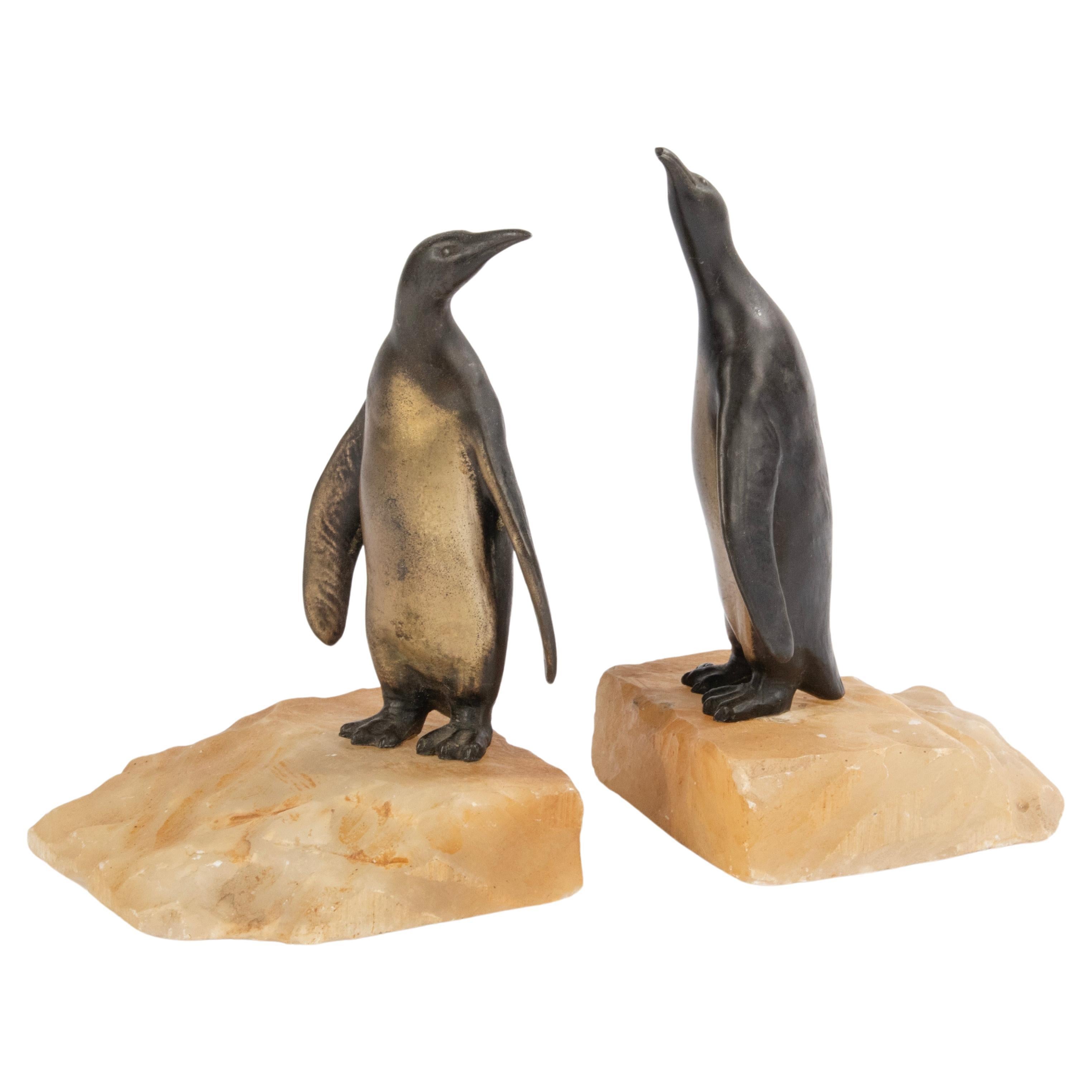 Serre-livres d'époque Art Déco en étain avec pingouins 