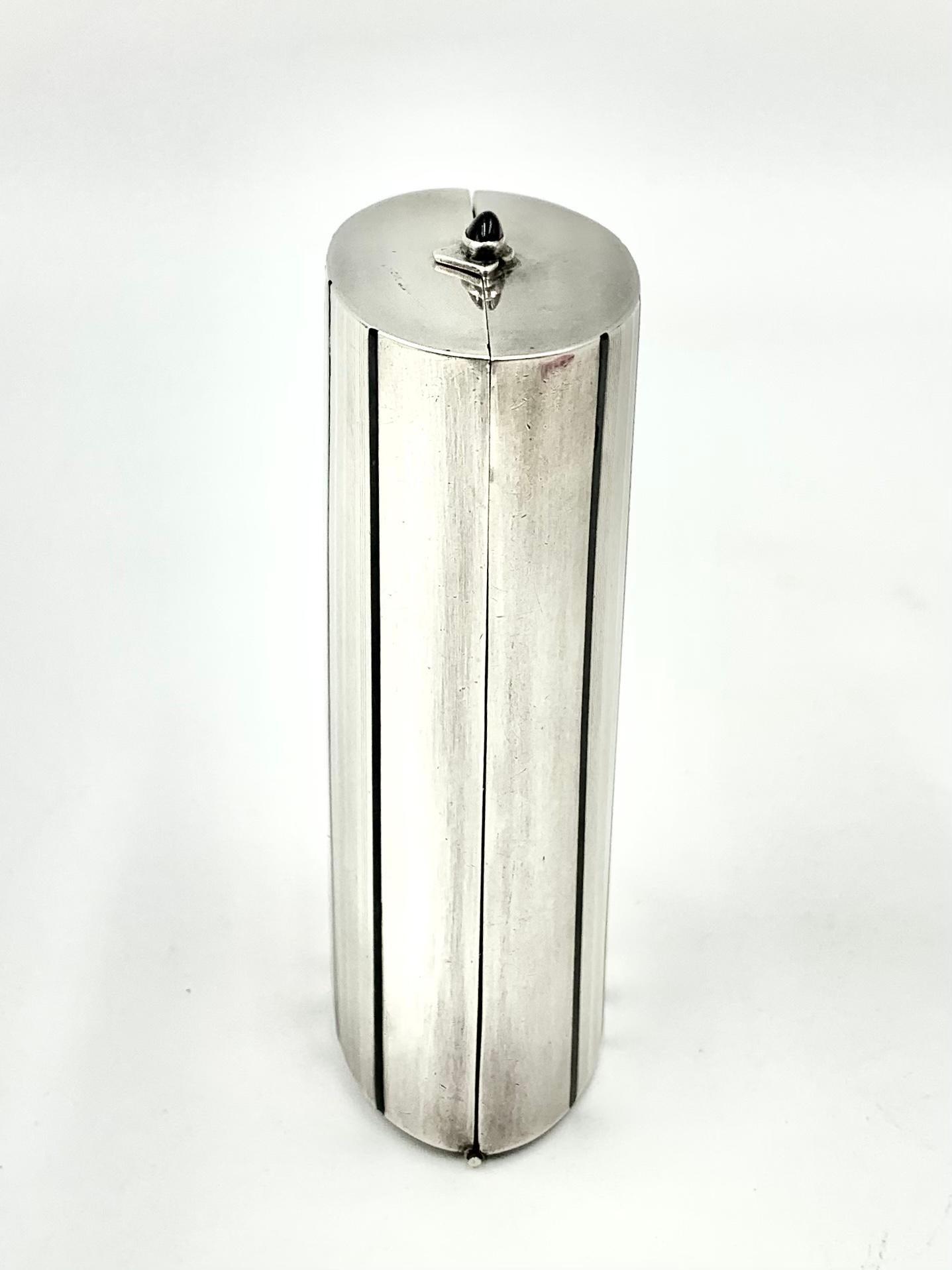 Art Deco Period Sterling Silver, Enamel, Cabochon Amethyst Pill Box, 1920's 1