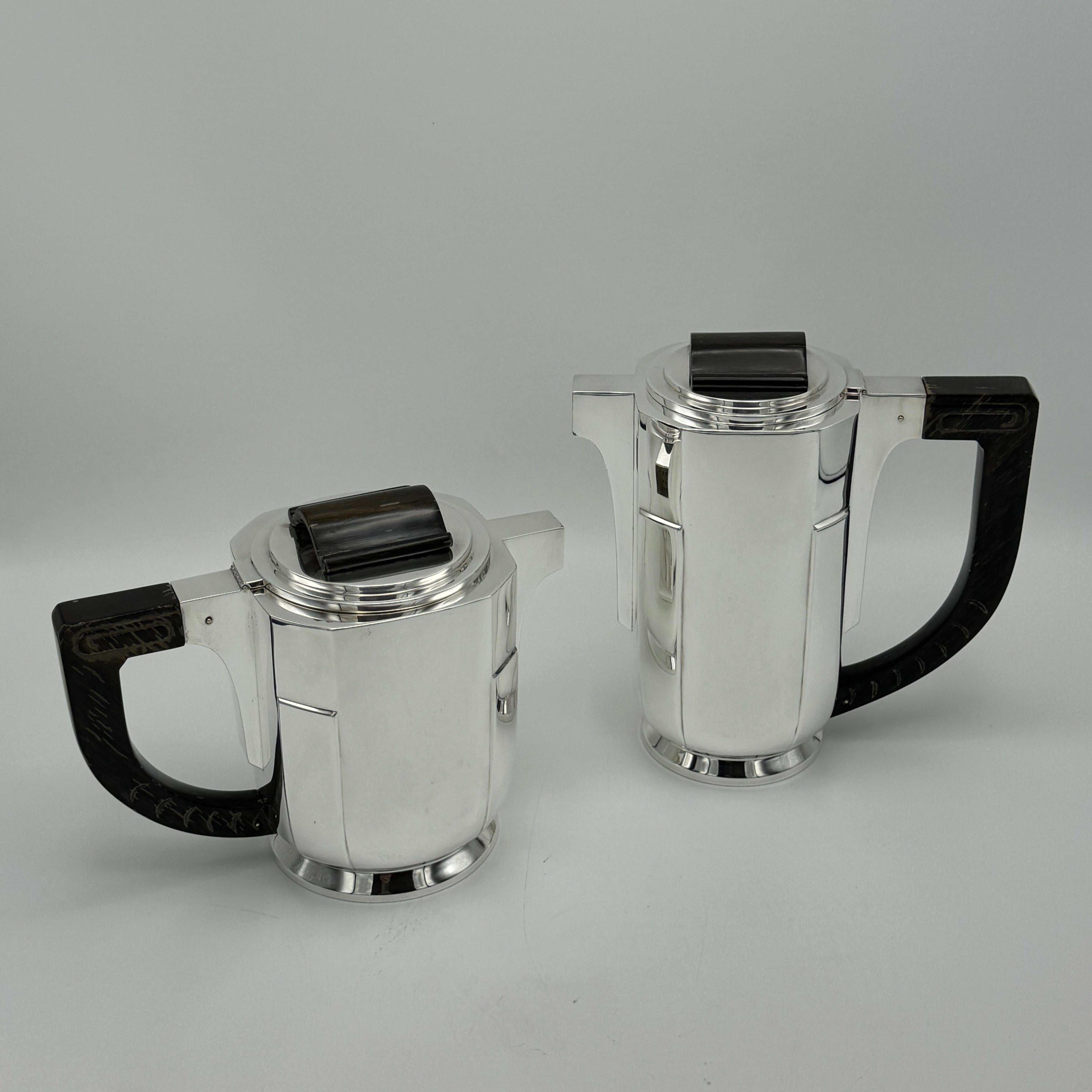 Art Deco Period Sterling Silver Five Piece Tea Coffee Service Belgium circa 1930 In Excellent Condition For Sale In New York, NY