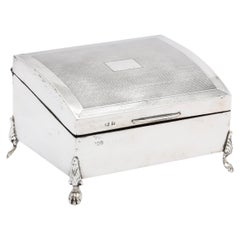 Art Deco Period Sterling Silver Footed Engine-Turned Table Box with Hinged Lid