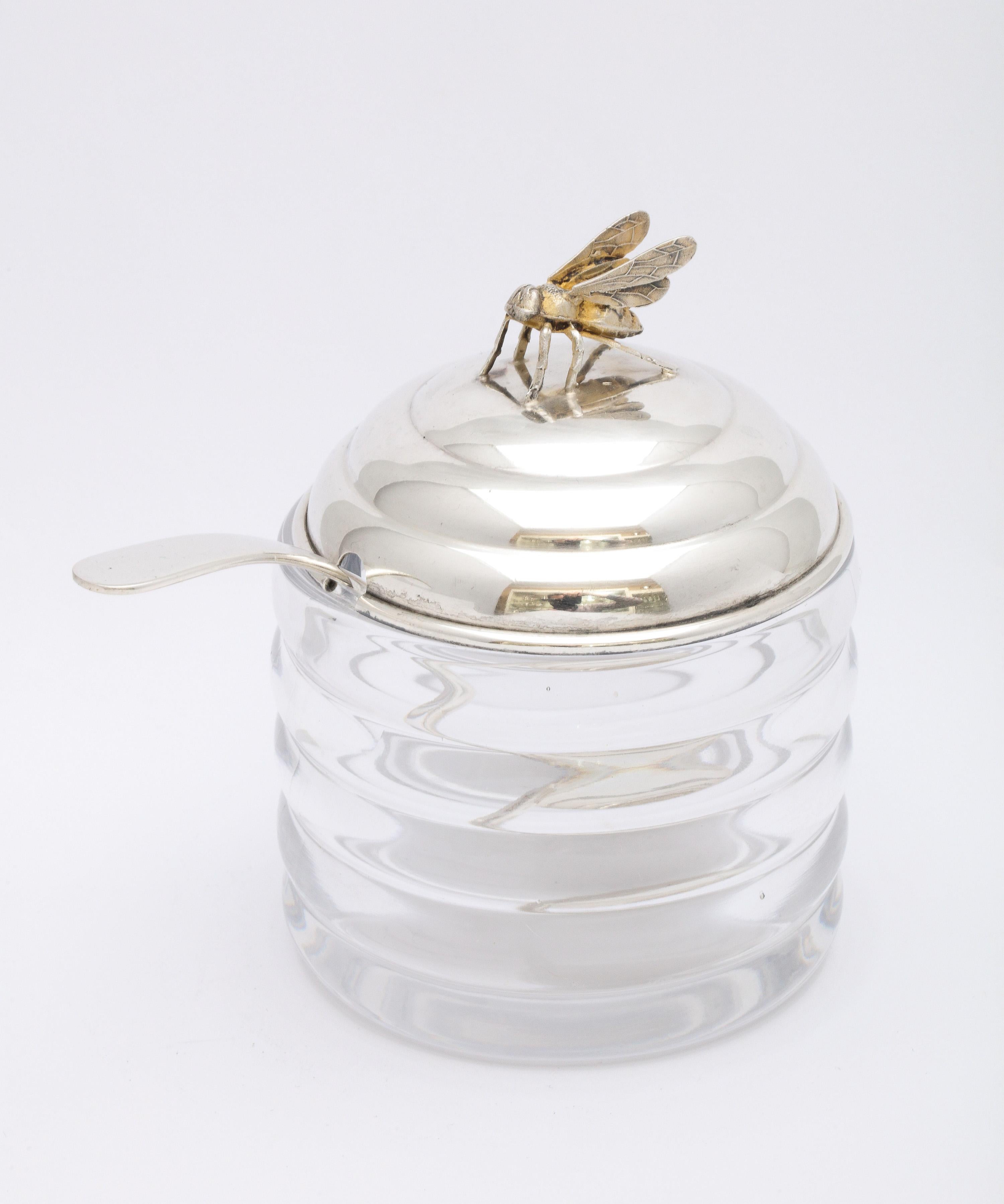 American Art Deco Period Sterling Silver-Mounted Beehive-Form Honey Jar