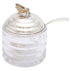 Art Deco Period Sterling Silver-Mounted Beehive-Form Honey Jar