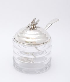 Art Deco Period Sterling Silver-Mounted Beehive-Form Honey Jar With Honey Spoon
