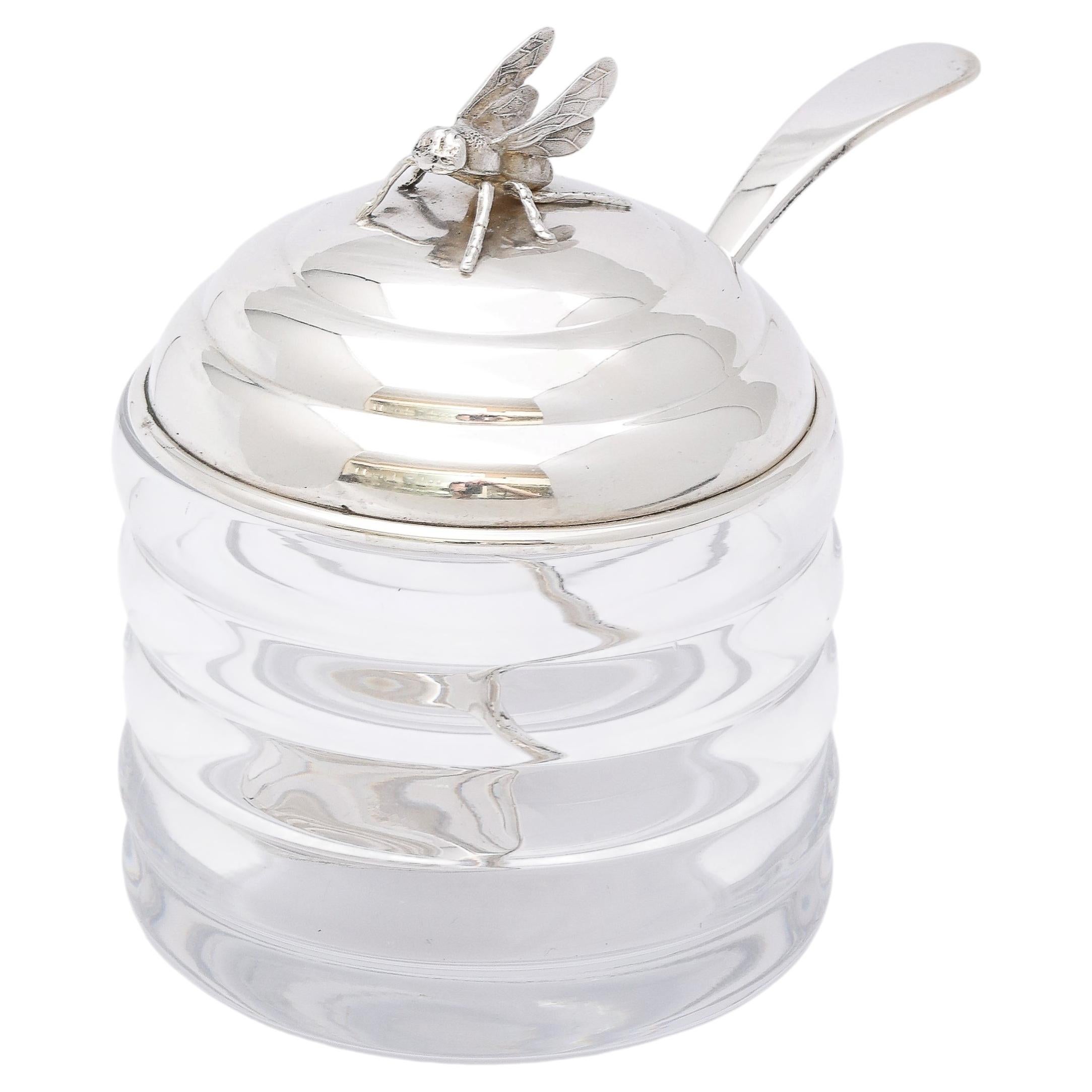 Art Deco Period Sterling Silver-Mounted Beehive-Form Honey Jar With Honey Spoon