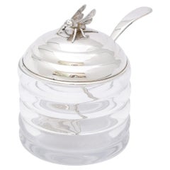 Art Deco Period Sterling Silver-Mounted Beehive-Form Honey Jar With Honey Spoon