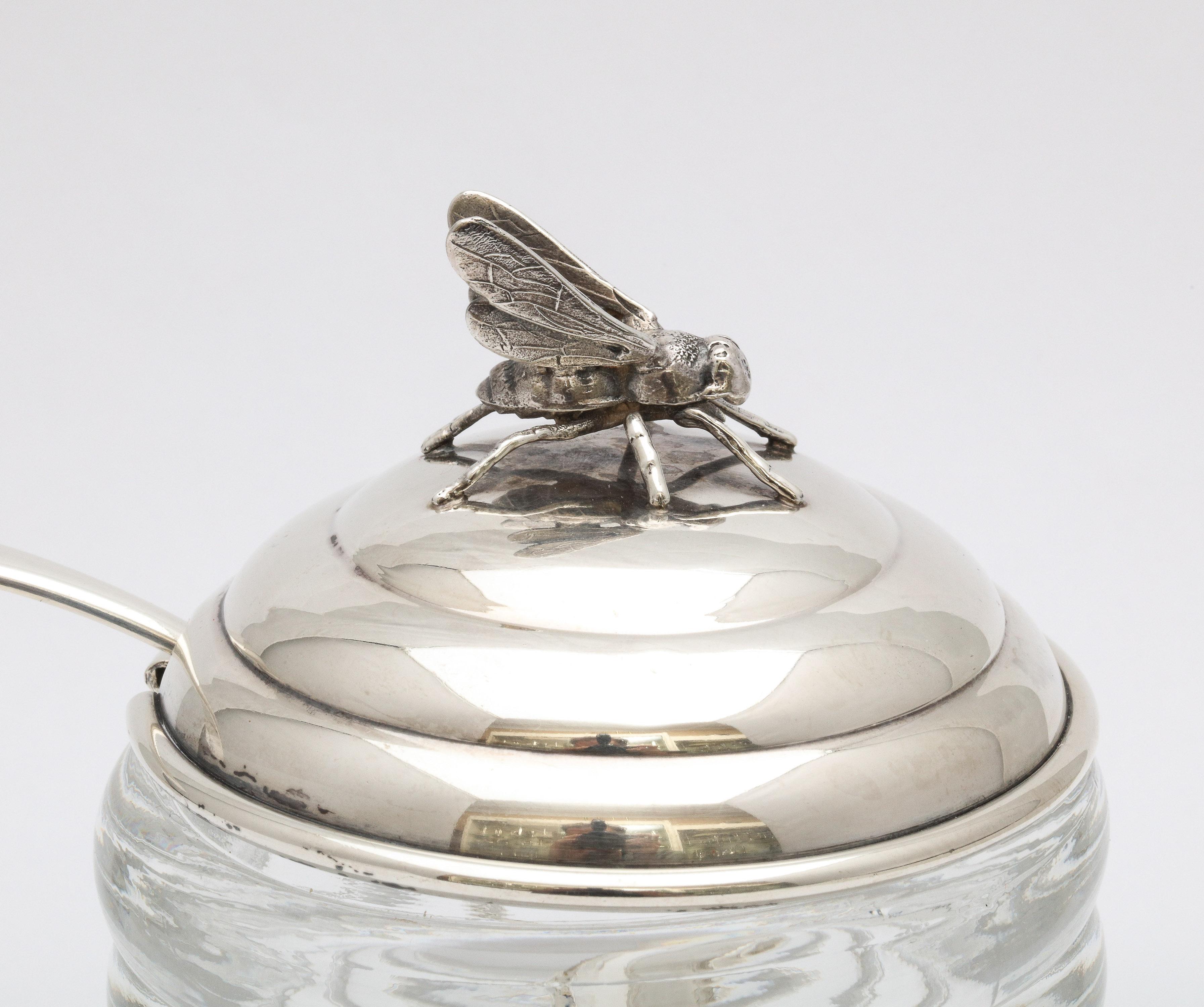 Art Deco Period Sterling Silver-Mounted Beehive-Form Honey Jar With Spoon 4