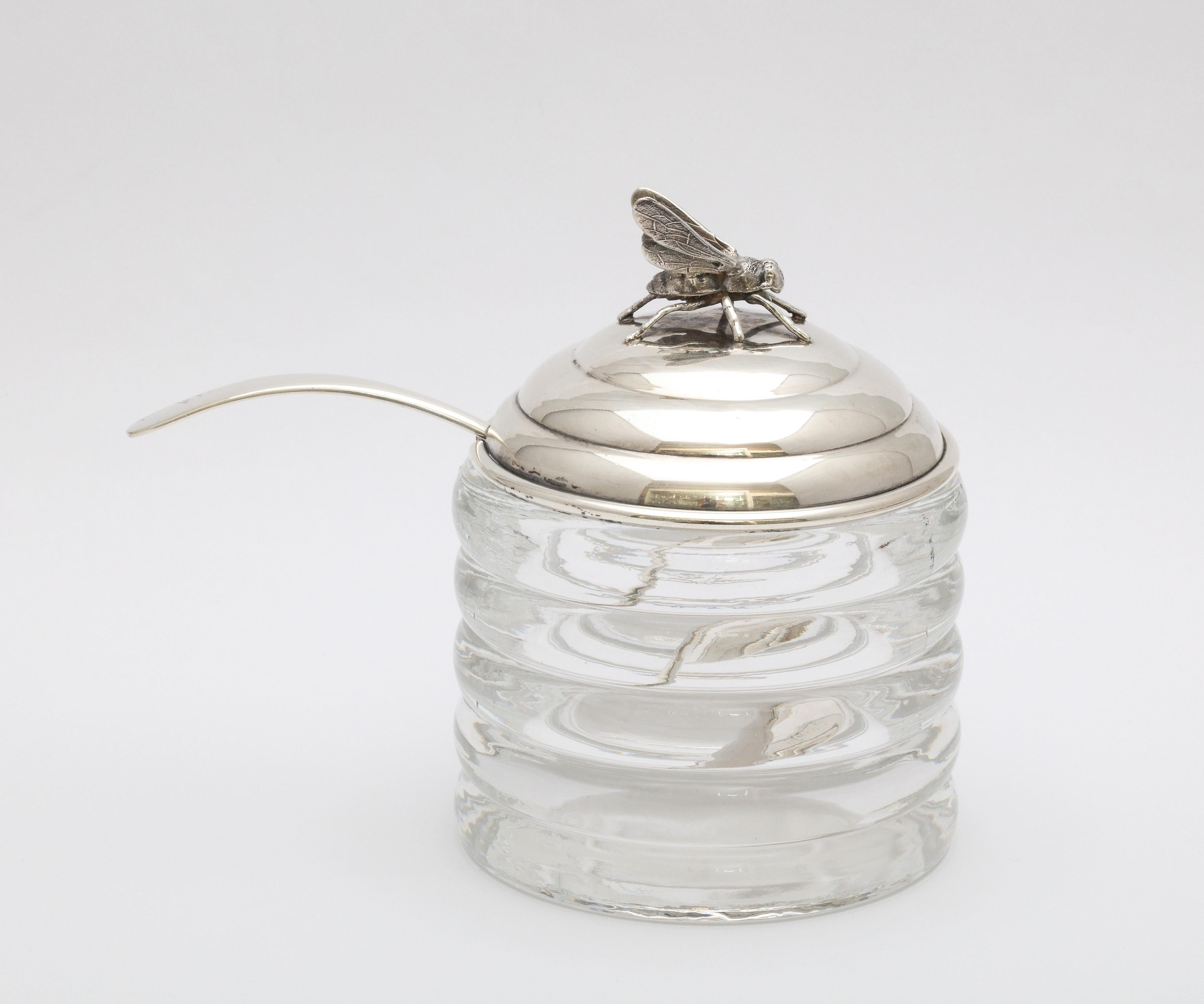 American Art Deco Period Sterling Silver-Mounted Beehive-Form Honey Jar With Spoon