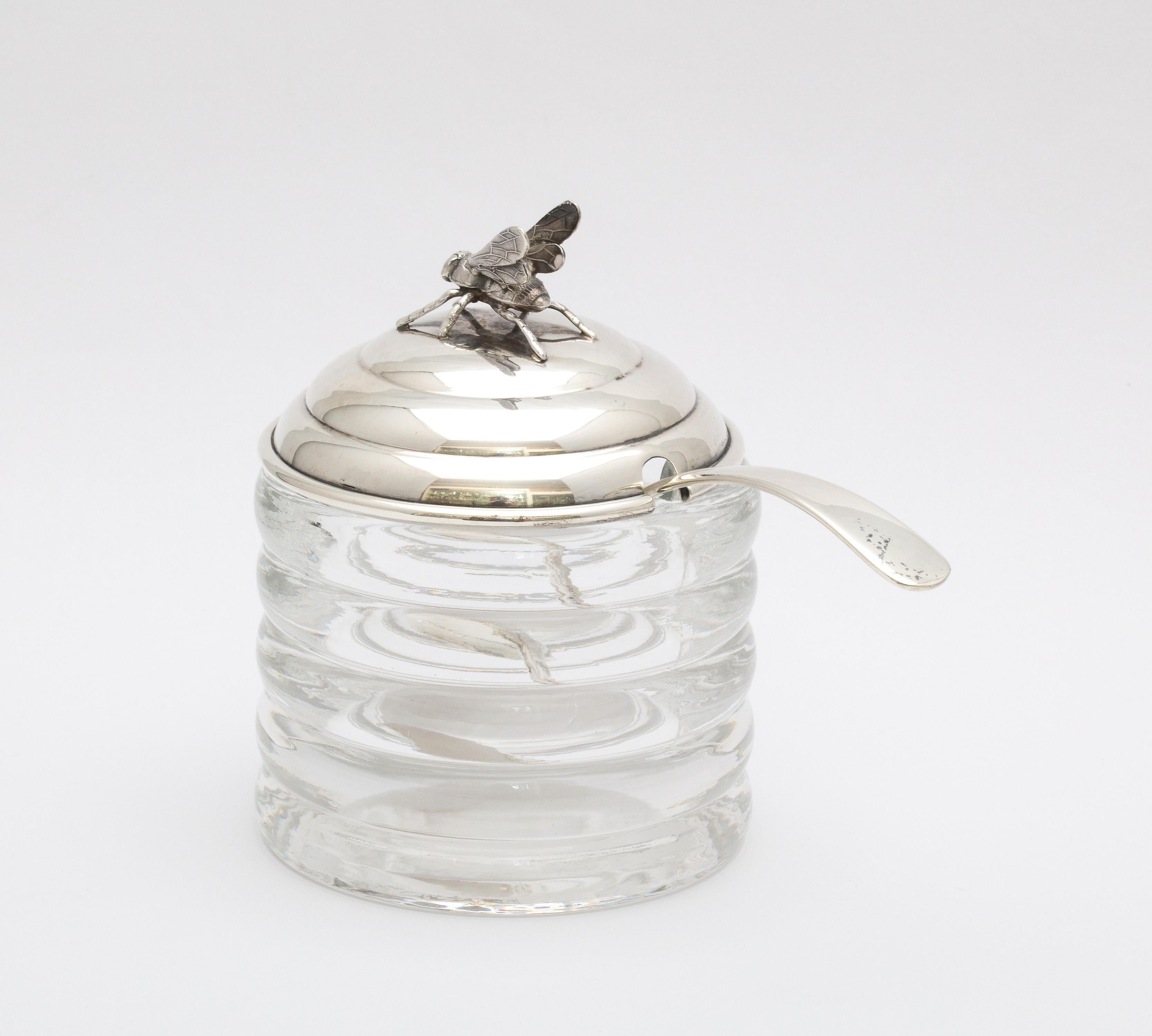 Mid-20th Century Art Deco Period Sterling Silver-Mounted Beehive-Form Honey Jar With Spoon