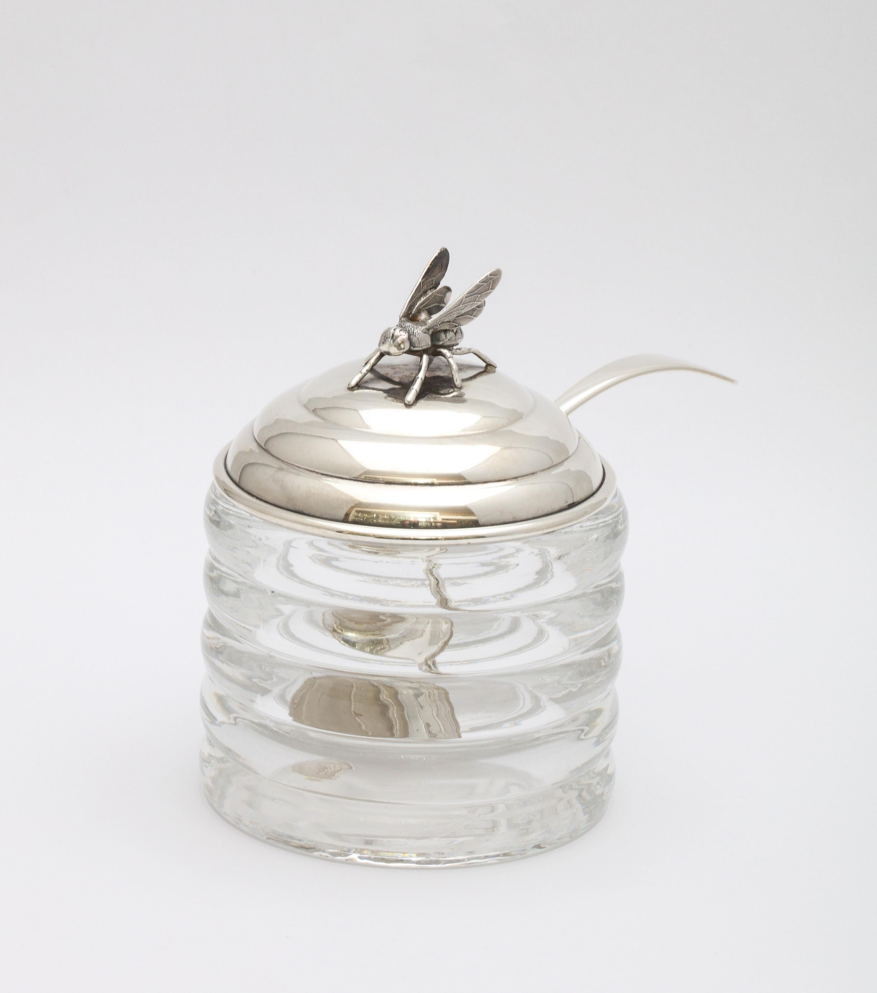 Art Deco Period Sterling Silver-Mounted Beehive-Form Honey Jar With Spoon 3