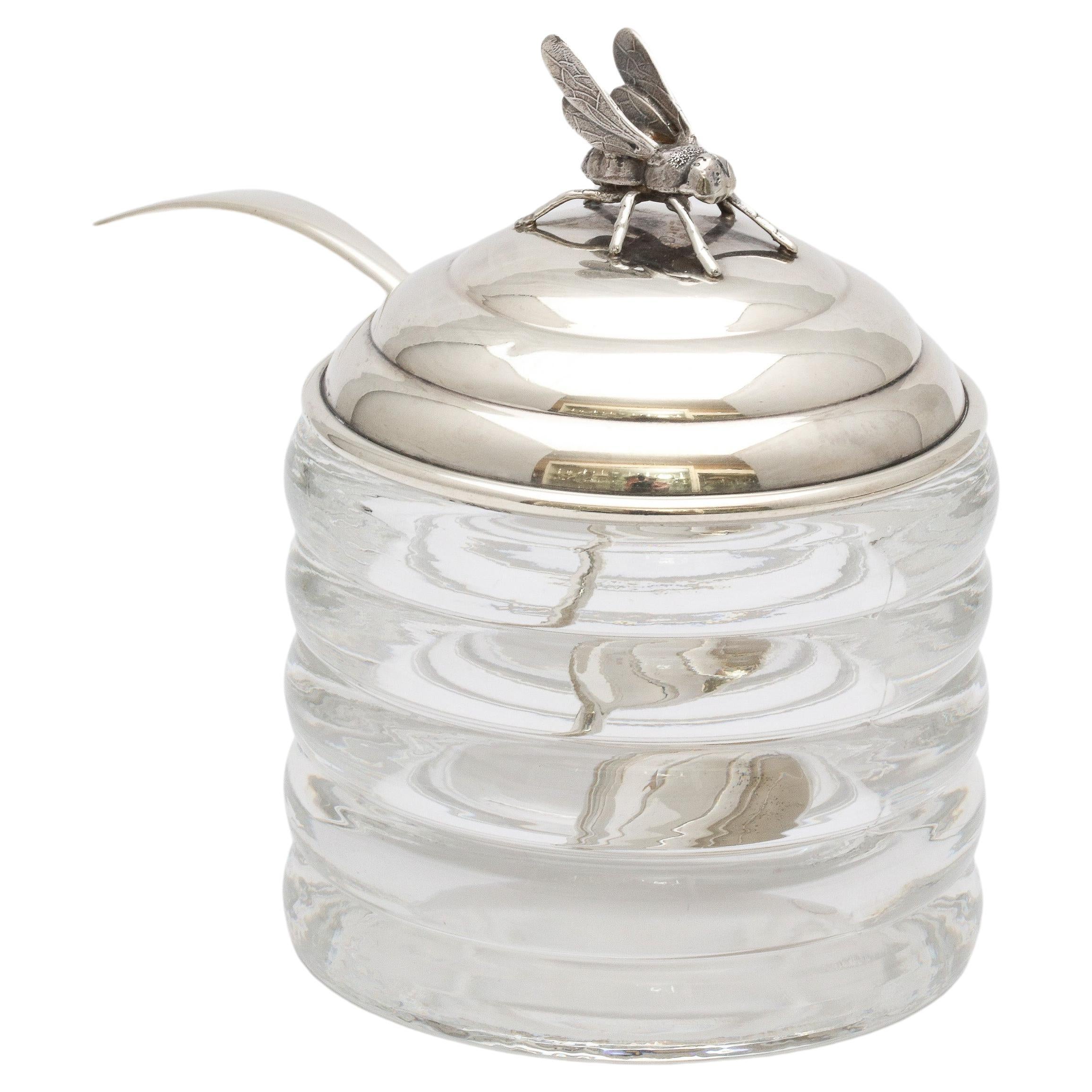 Art Deco Period Sterling Silver-Mounted Beehive-Form Honey Jar With Spoon