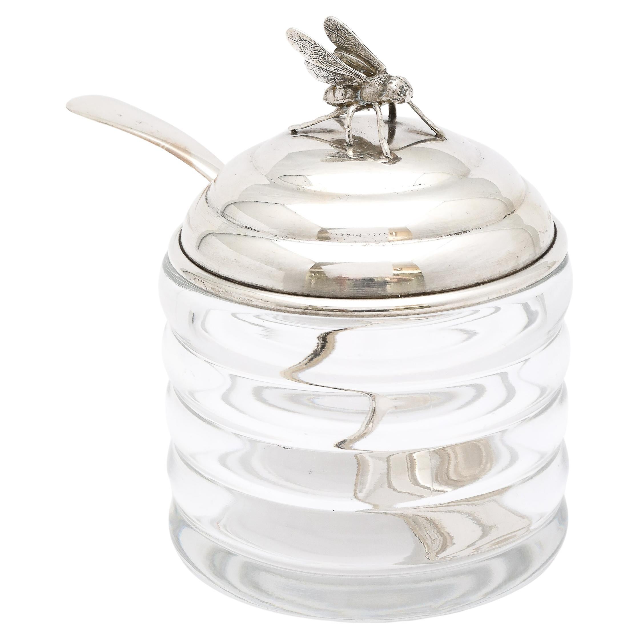 Vaso da miele ad alveare in argento massiccio del periodo Art Déco con cucchiaio originale in vendita