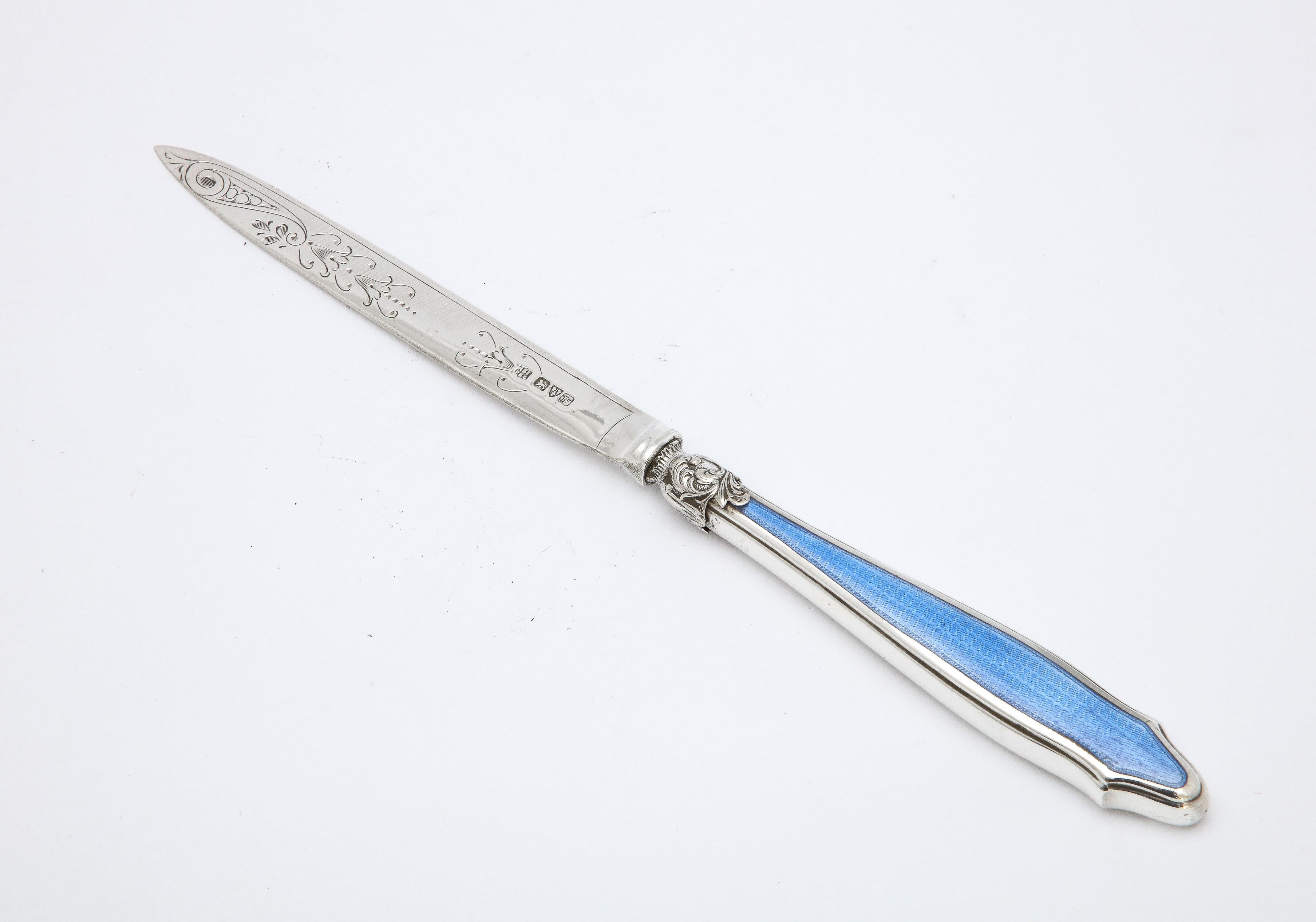 English Art Deco Period Sterling Silver-Mounted Blue Enamel Letter Opener/Paper Knife
