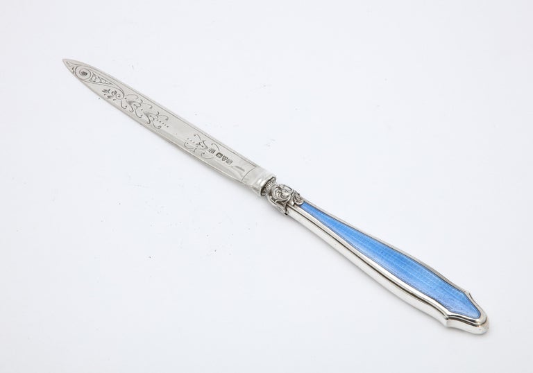 English Art Deco Period Sterling Silver-Mounted Blue Enamel Letter Opener/Paper Knife For Sale