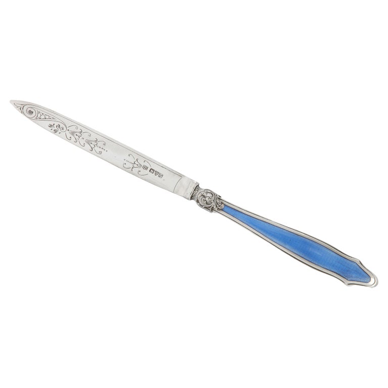 Art Deco Period Sterling Silver-Mounted Blue Enamel Letter Opener/Paper Knife For Sale