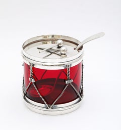 Art Deco Period Sterling Silver-Mounted Drum-Form Jam/Condiments Jar and Spoon