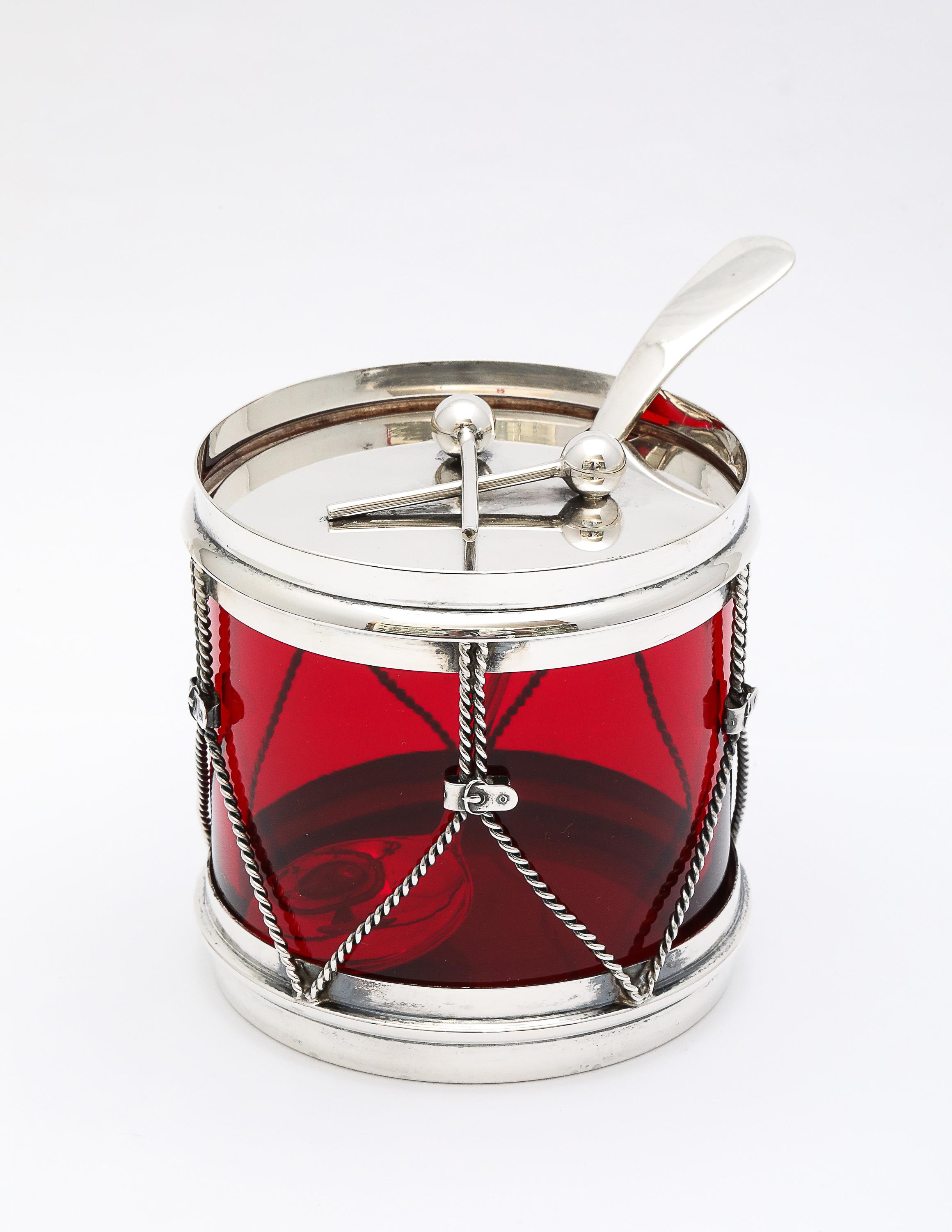 Art déco Art Deco Period Sterling Silver-Mounted Drum-Form Jam/Condiments Jar and Spoon en vente