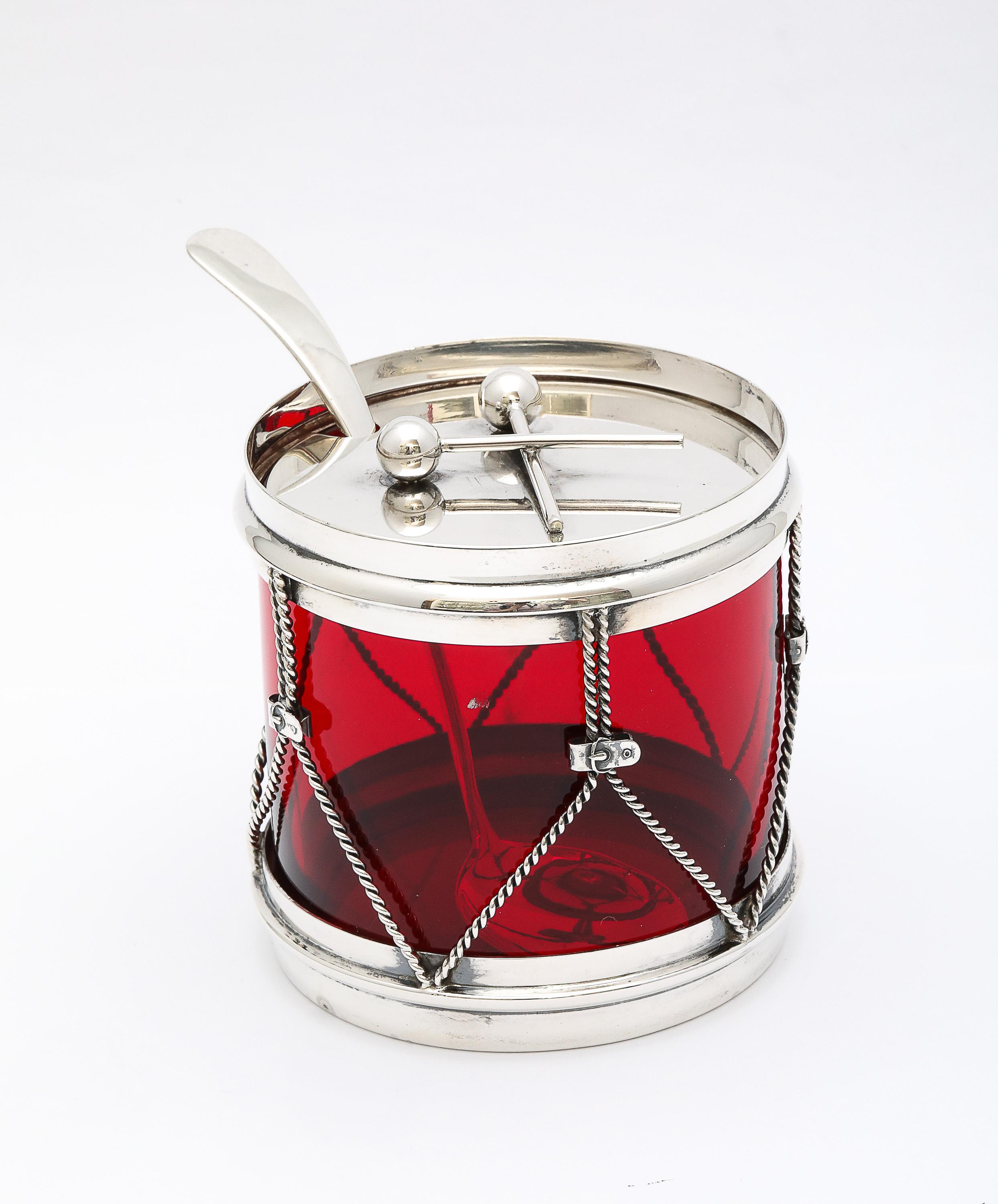 Américain Art Deco Period Sterling Silver-Mounted Drum-Form Jam/Condiments Jar and Spoon en vente