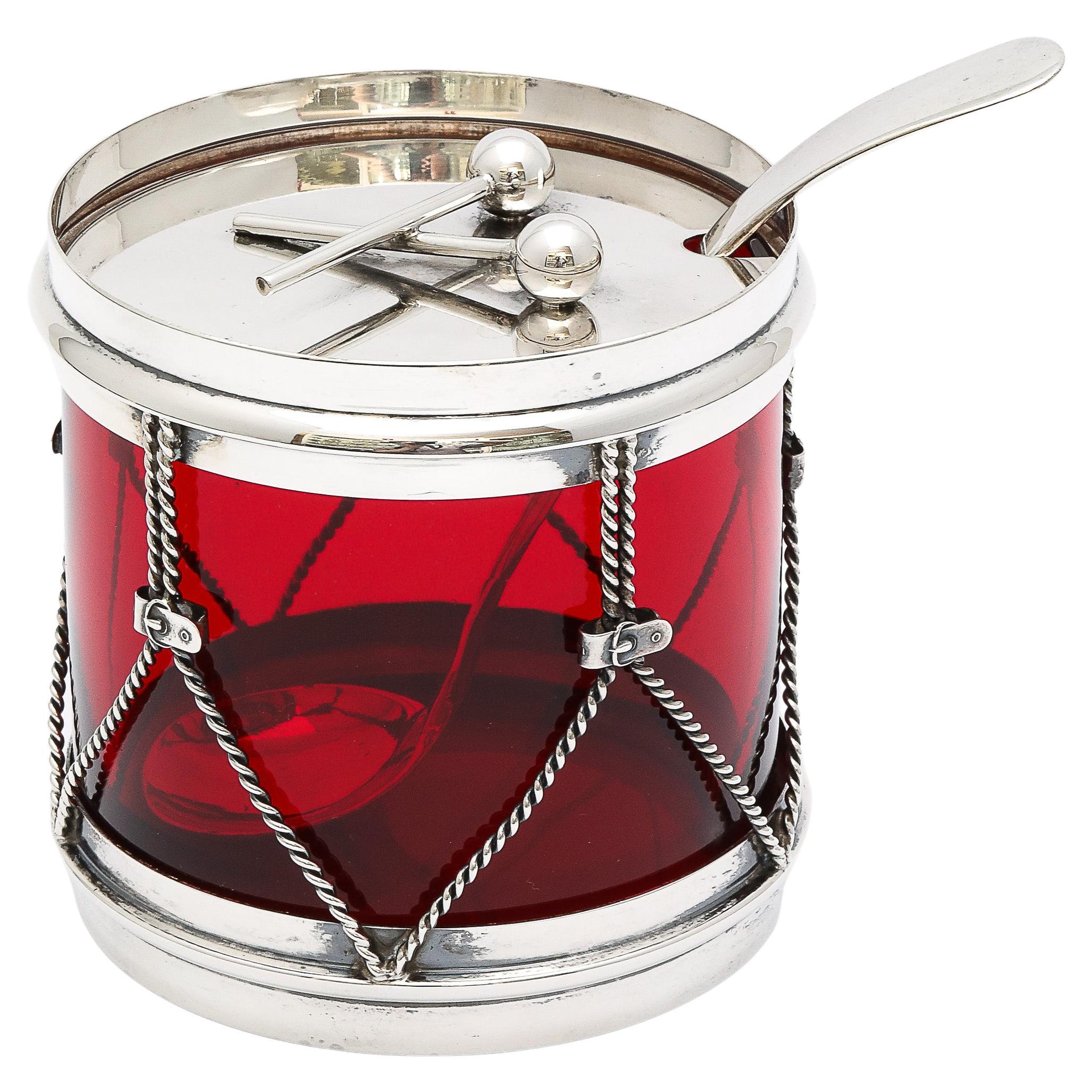 Art Deco Period Sterling Silver-Mounted Drum-Form Jam/Condiments Jar and Spoon en vente