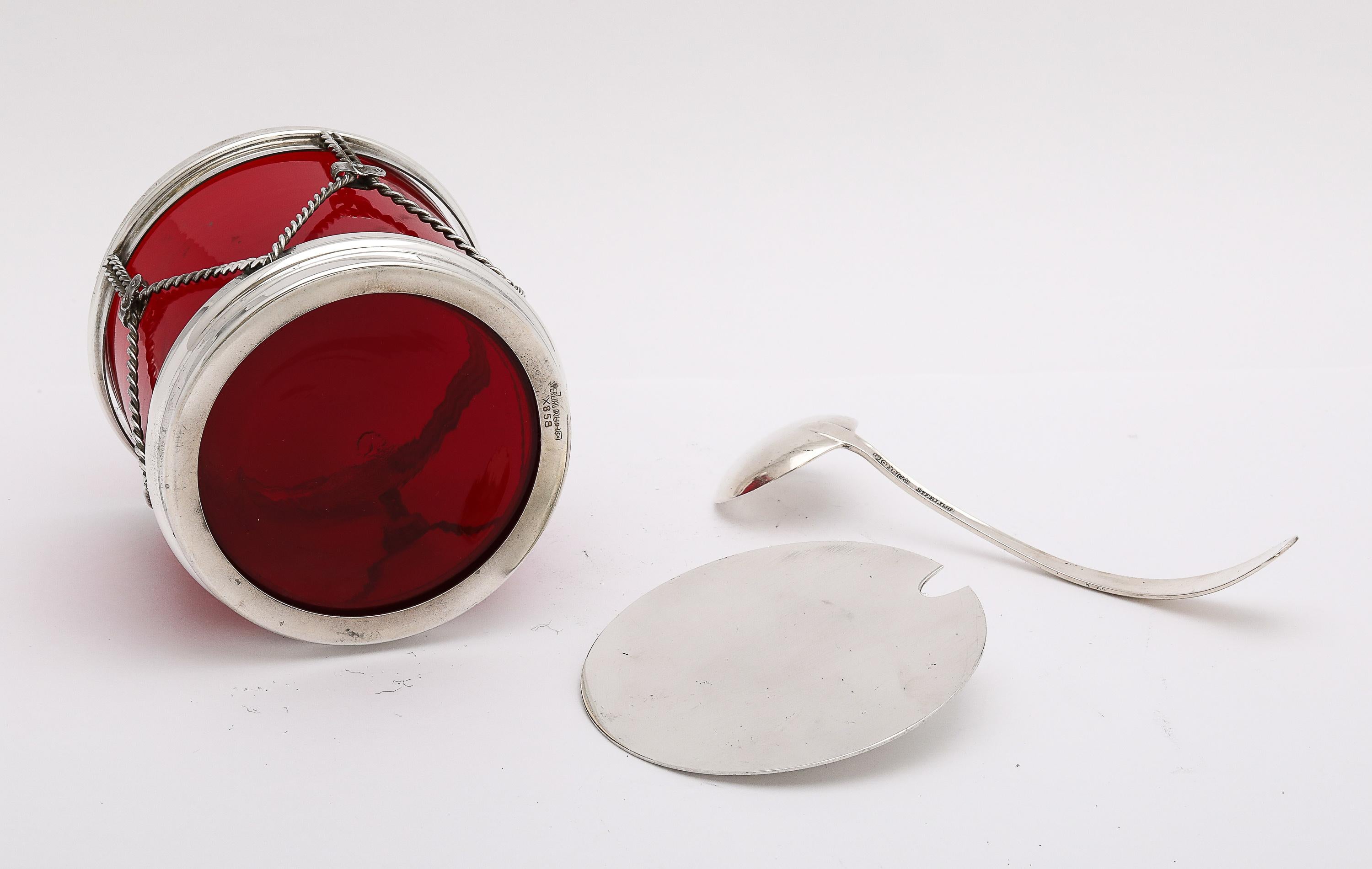 Art Deco Period Sterling Silver-Mounted Drum-Form Jam/Jelly Jar and Spoon 6