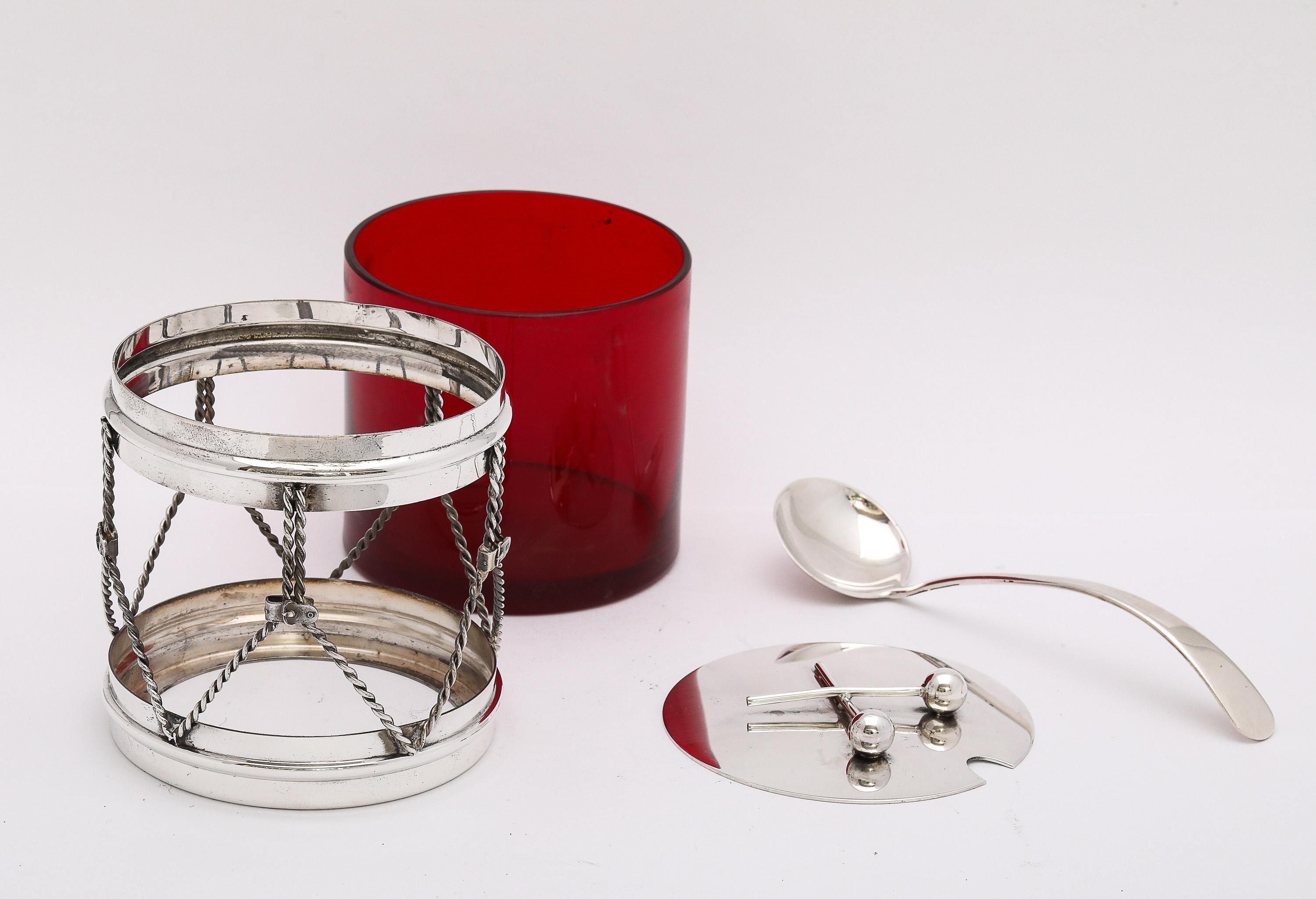 Art Deco Period Sterling Silver-Mounted Drum-Form Jam/Jelly Jar and Spoon 8
