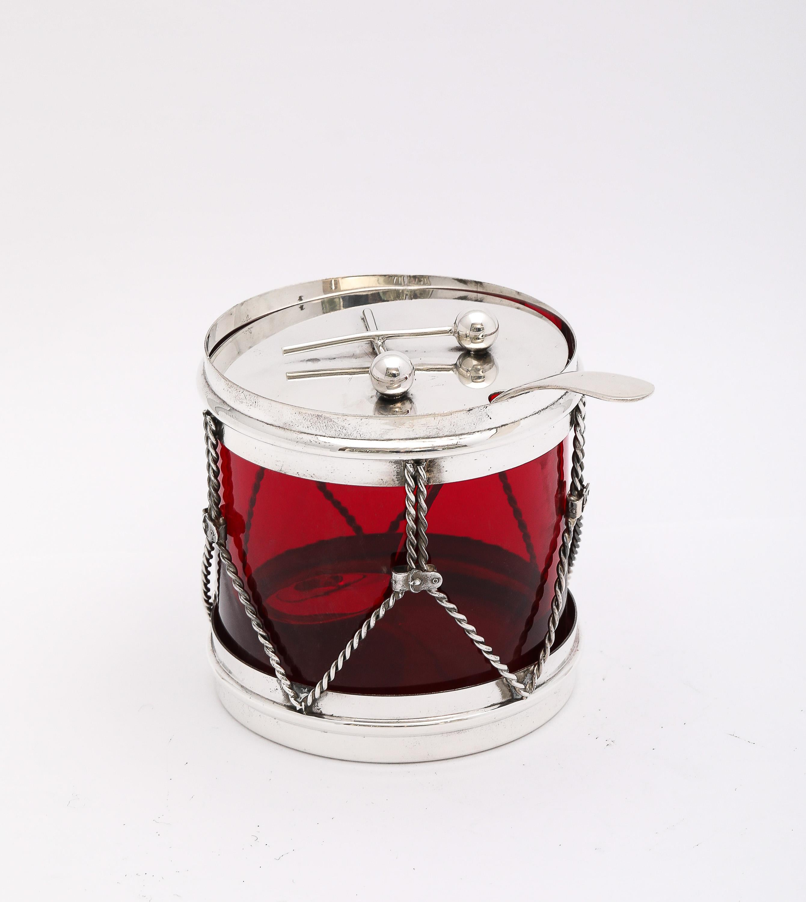 Art Deco Period Sterling Silver-Mounted Drum-Form Jam/Jelly Jar and Spoon 10