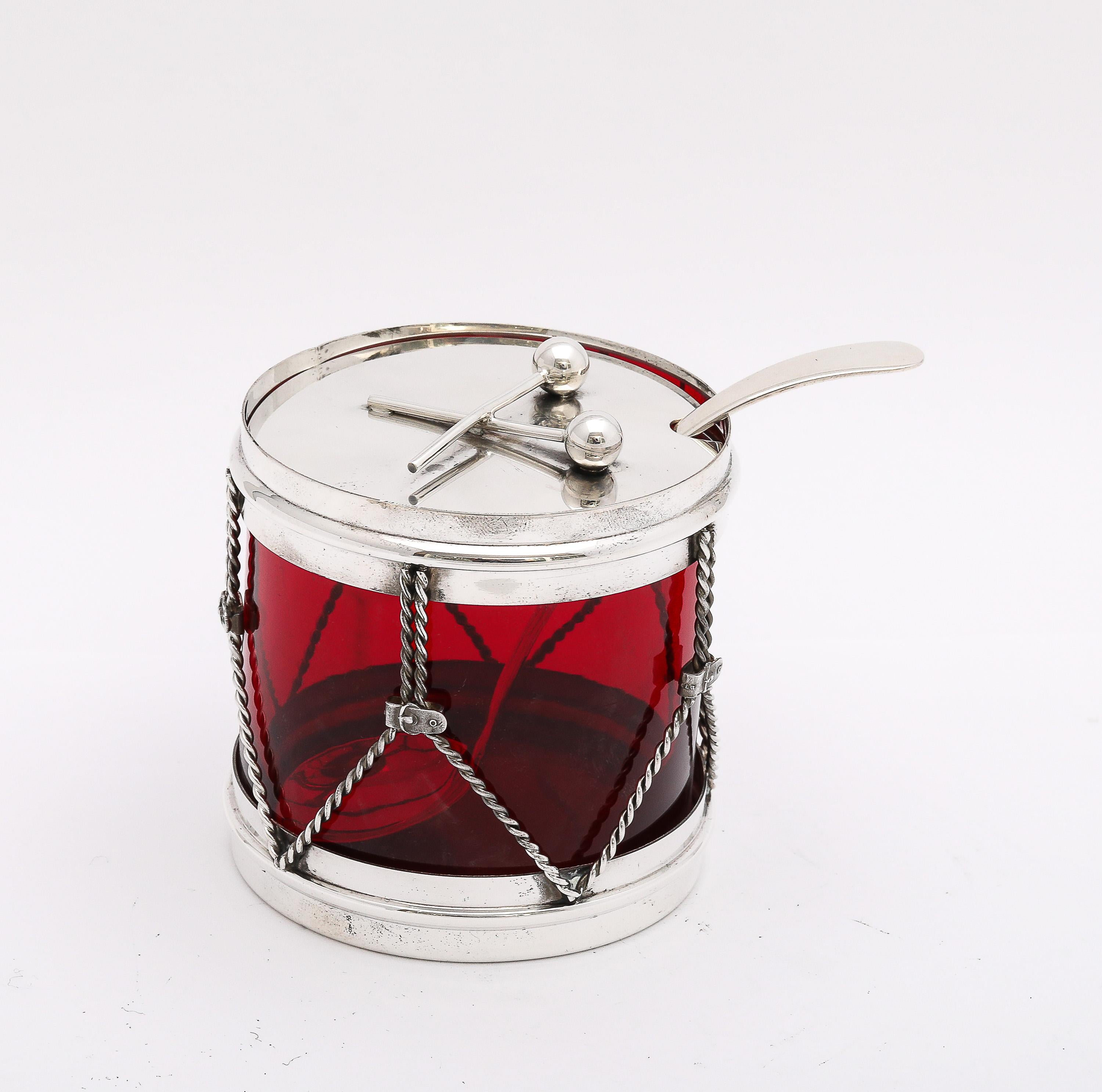 Art Deco Period Sterling Silver-Mounted Drum-Form Jam/Jelly Jar and Spoon 11