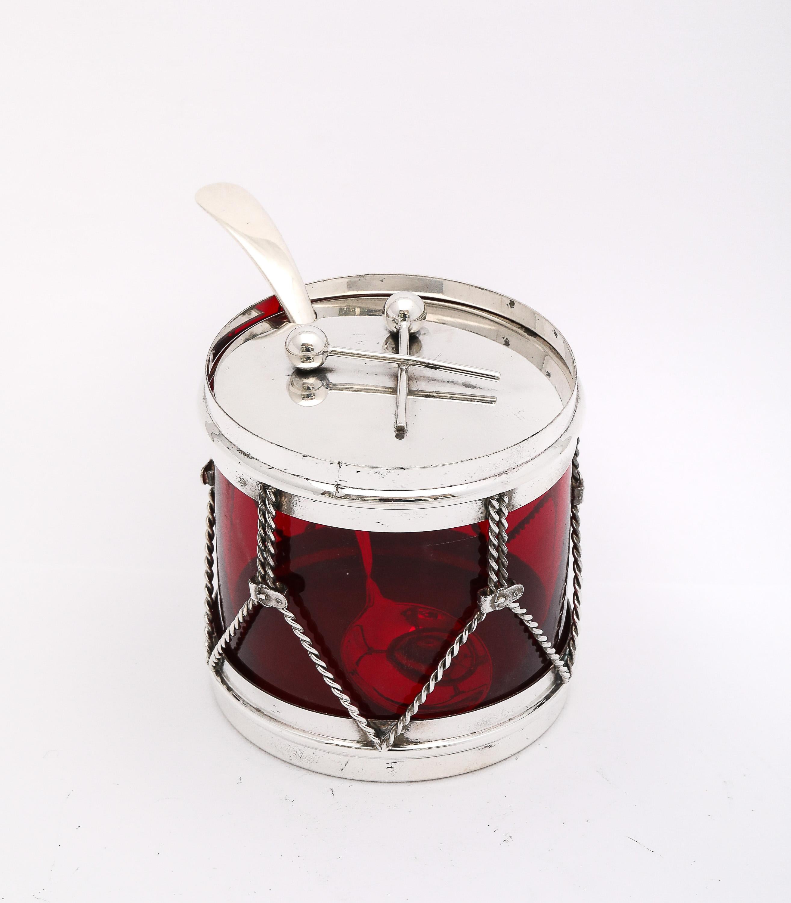 Art Deco Period Sterling Silver-Mounted Drum-Form Jam/Jelly Jar and Spoon 12