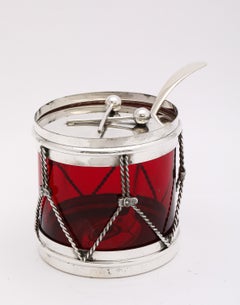 Art Deco Period Sterling Silver-Mounted Drum-Form Jam/Jelly Jar and Spoon
