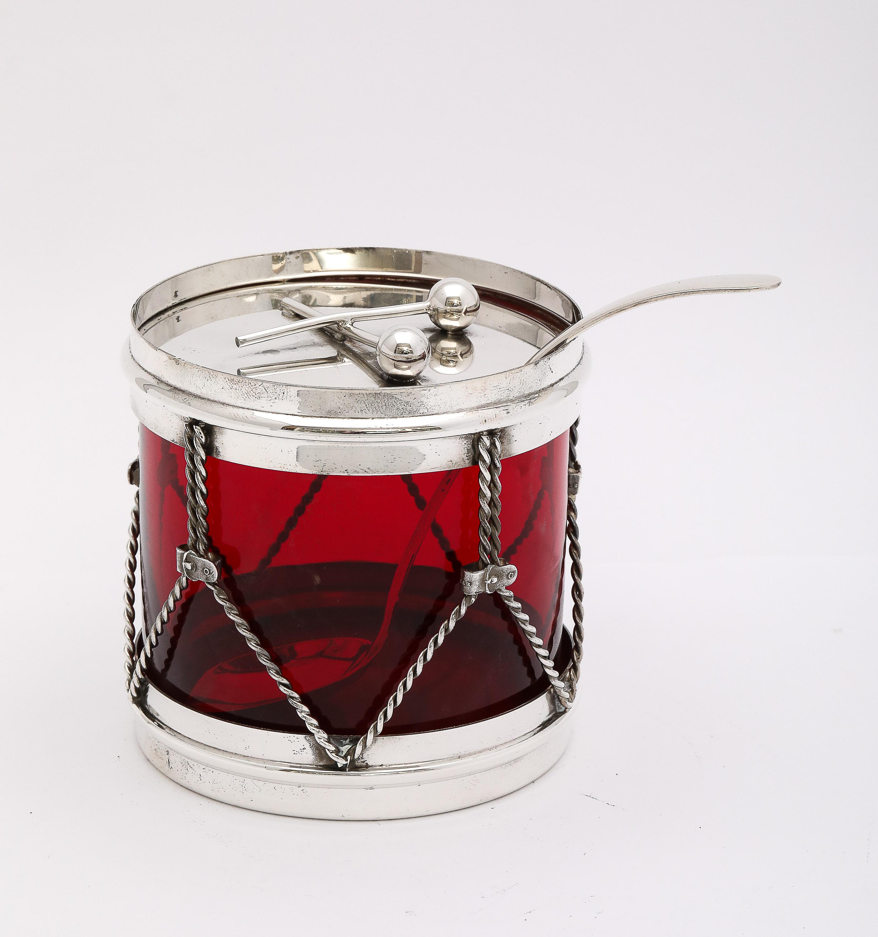 American Art Deco Period Sterling Silver-Mounted Drum-Form Jam/Jelly Jar and Spoon