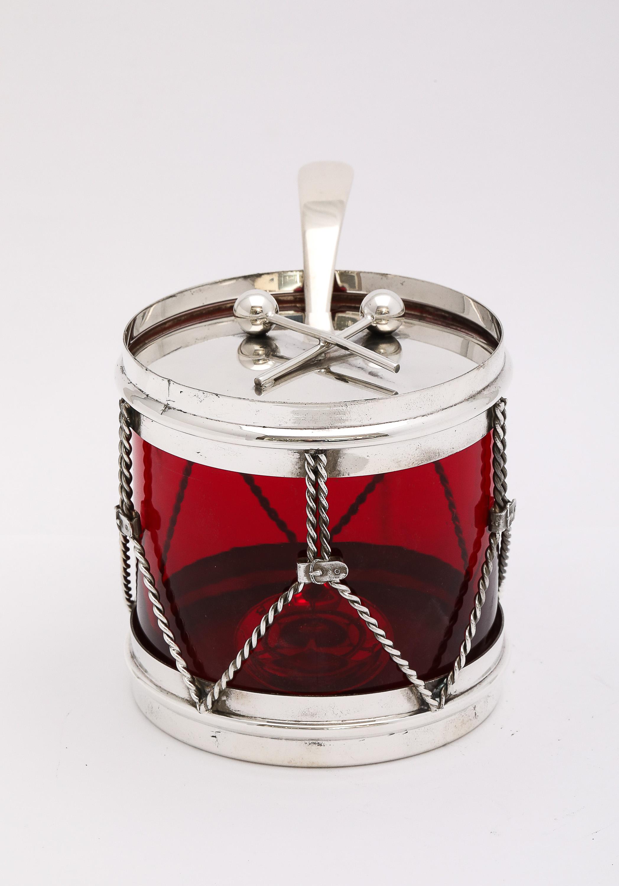 Art Deco Period Sterling Silver-Mounted Drum-Form Jam/Jelly Jar and Spoon In Good Condition In New York, NY