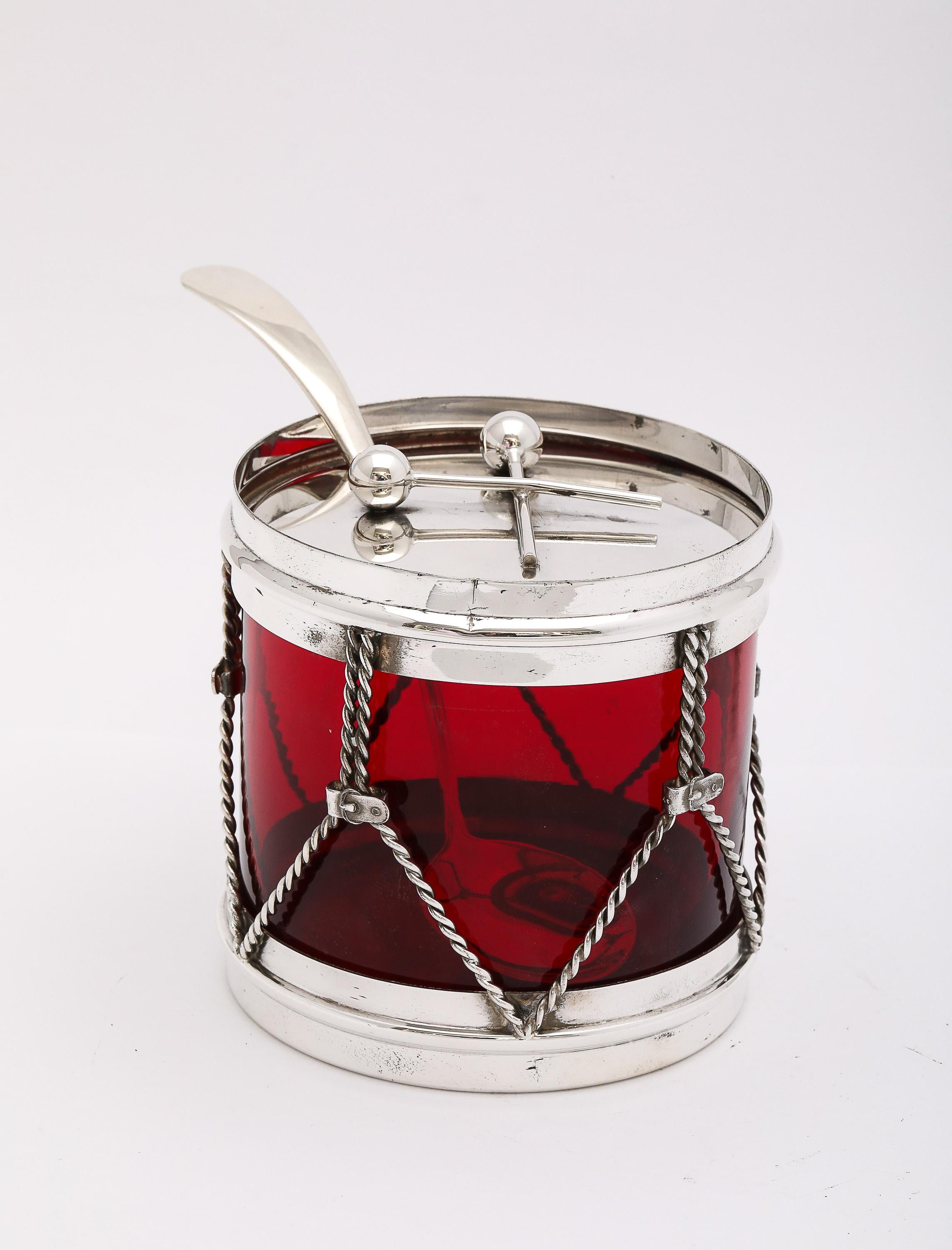 Mid-20th Century Art Deco Period Sterling Silver-Mounted Drum-Form Jam/Jelly Jar and Spoon