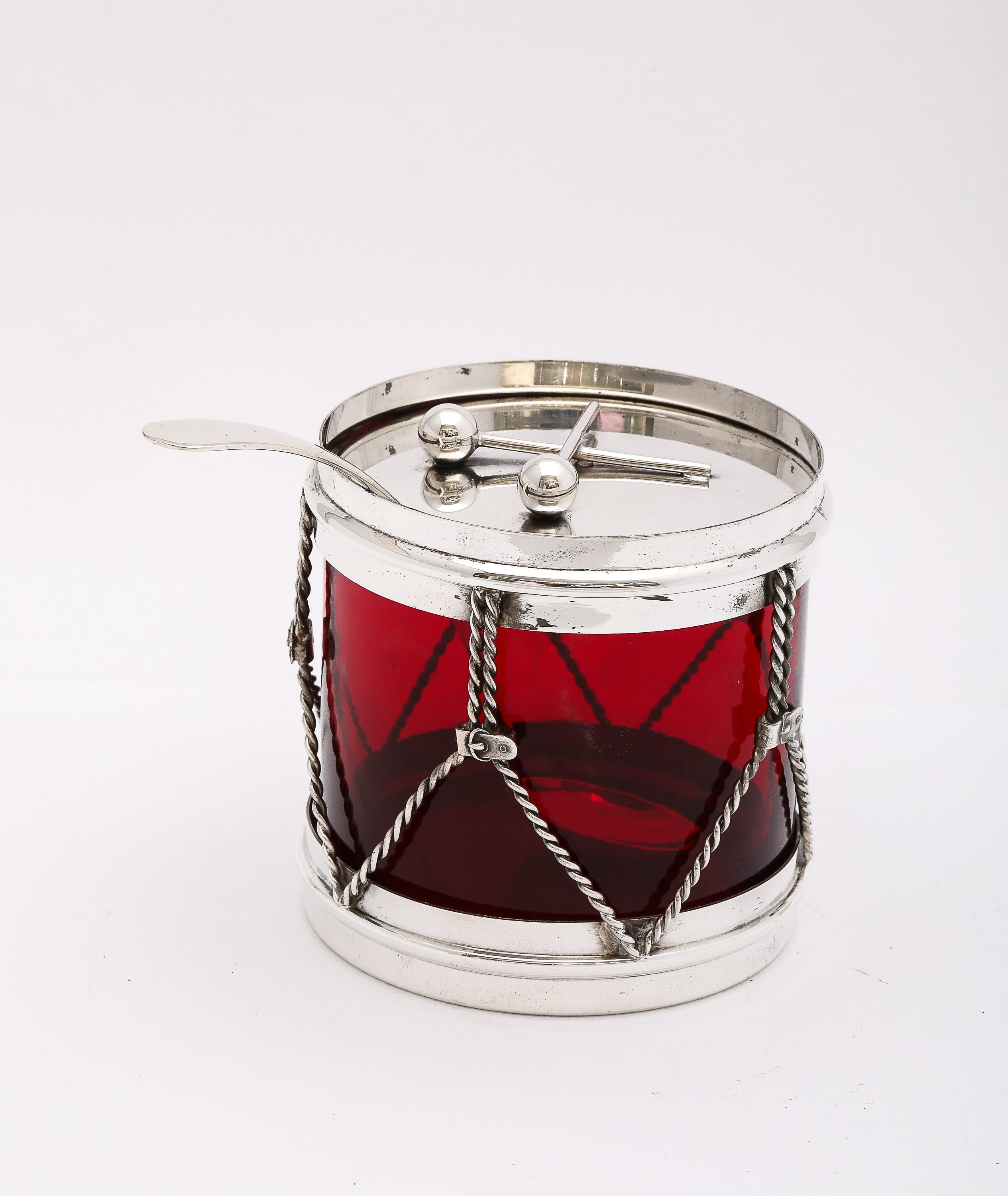 Art Deco Period Sterling Silver-Mounted Drum-Form Jam/Jelly Jar and Spoon 1