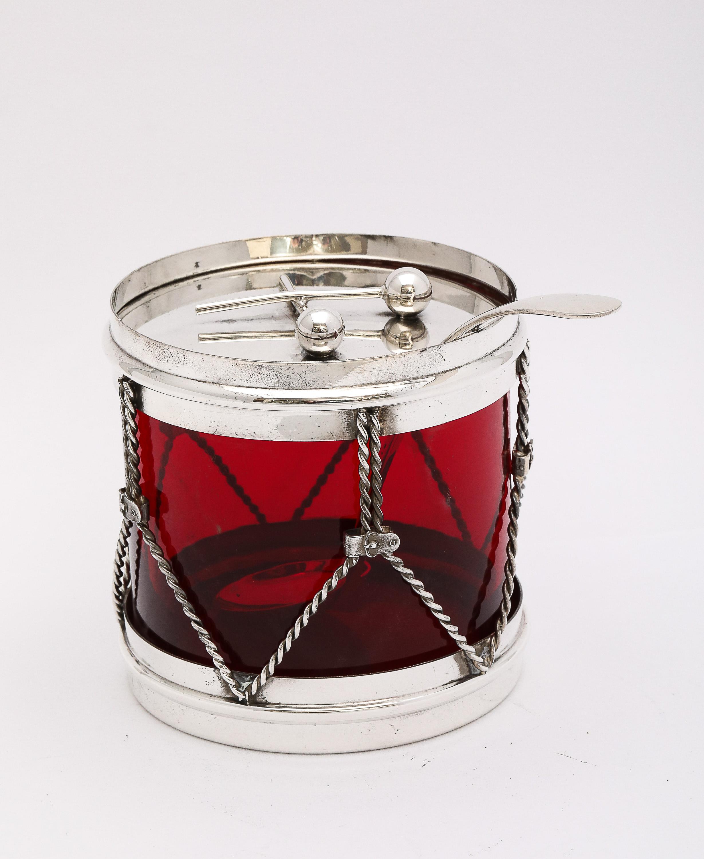 Art Deco Period Sterling Silver-Mounted Drum-Form Jam/Jelly Jar and Spoon 3