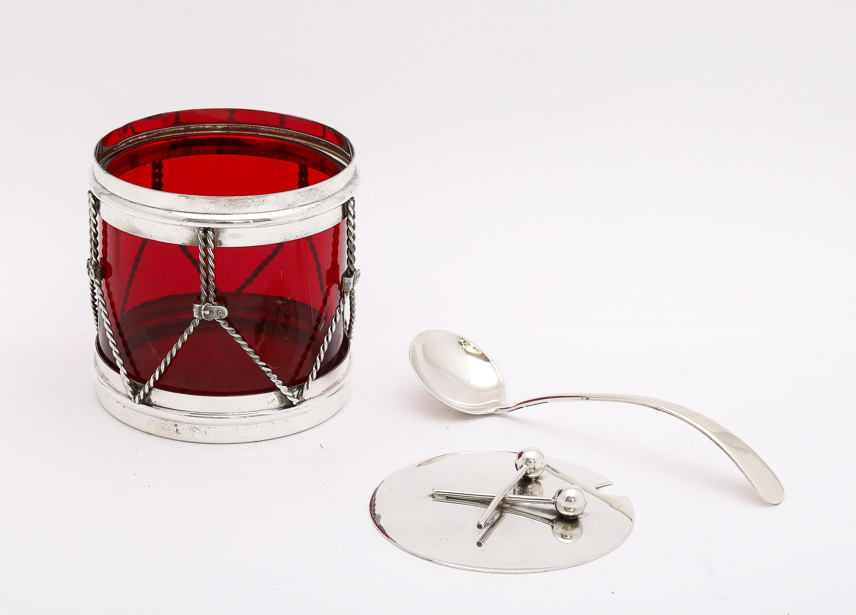 Art Deco Period Sterling Silver-Mounted Drum-Form Jam/Jelly Jar and Spoon 4
