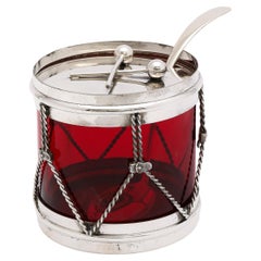 Art Deco Period Sterling Silver-Mounted Drum-Form Jam/Jelly Jar and Spoon