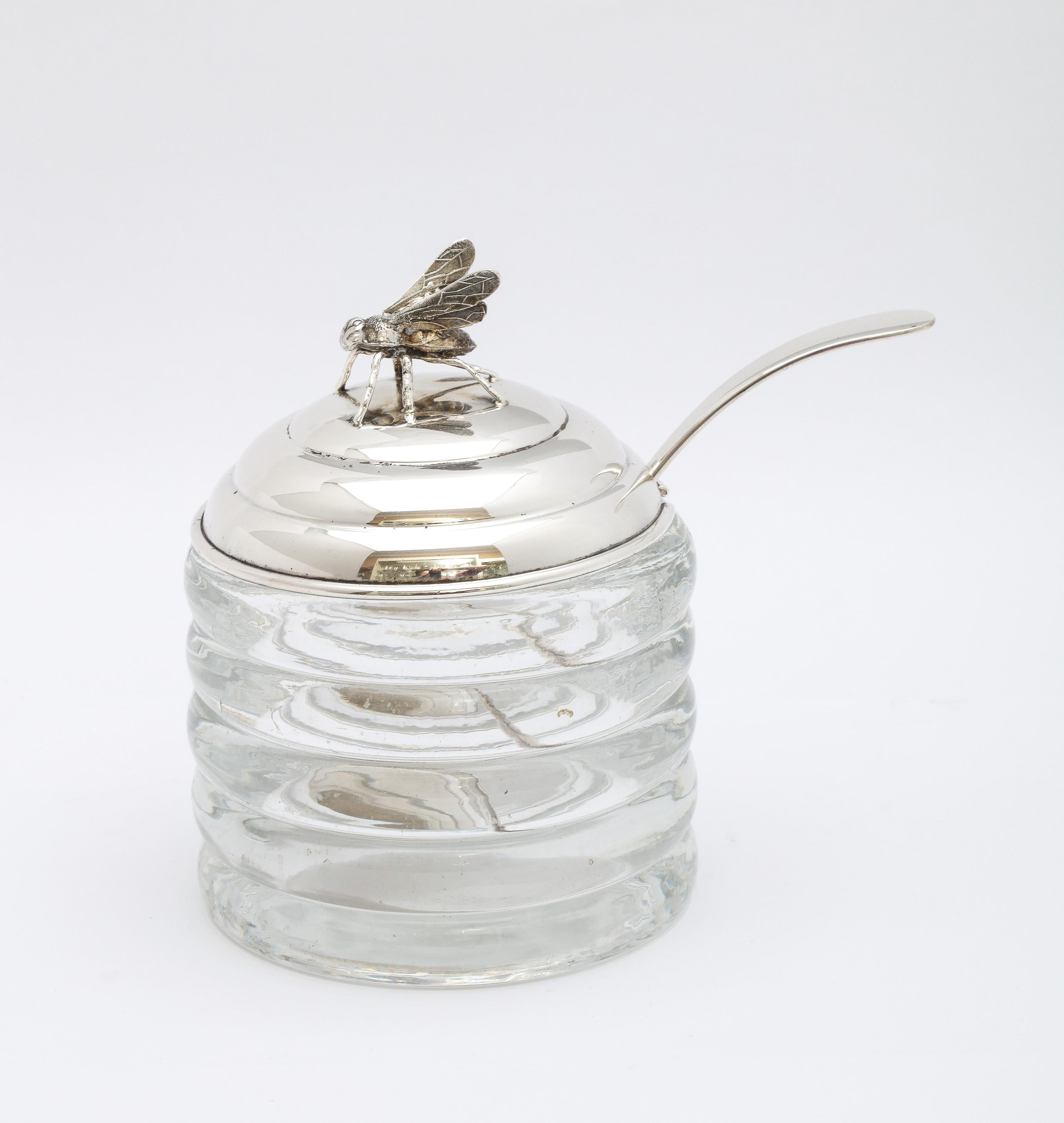 American Art Deco Period Sterling Silver-Mounted Honey Jar with Original Honey Spoon