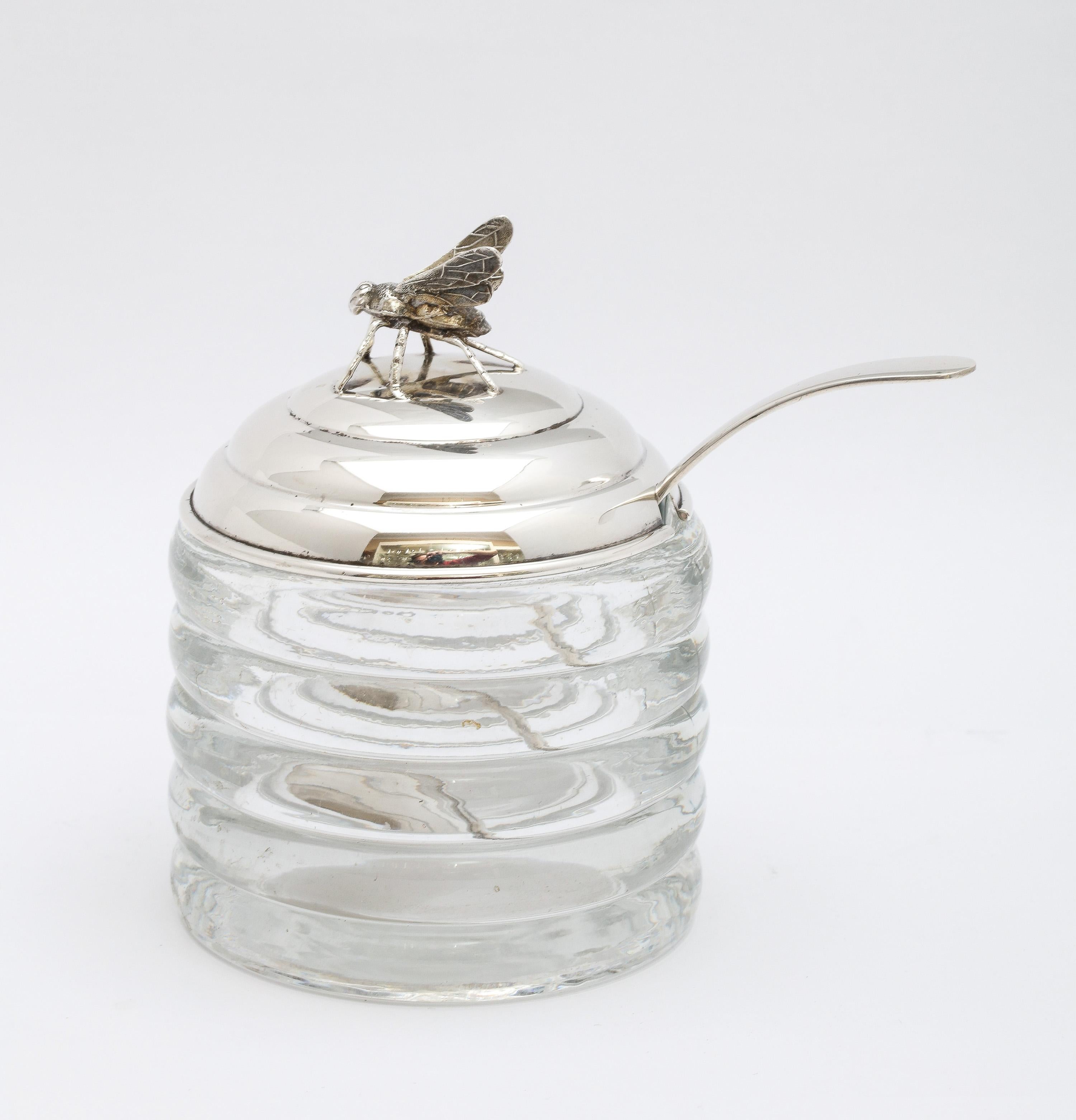 Gilt Art Deco Period Sterling Silver-Mounted Honey Jar with Original Honey Spoon