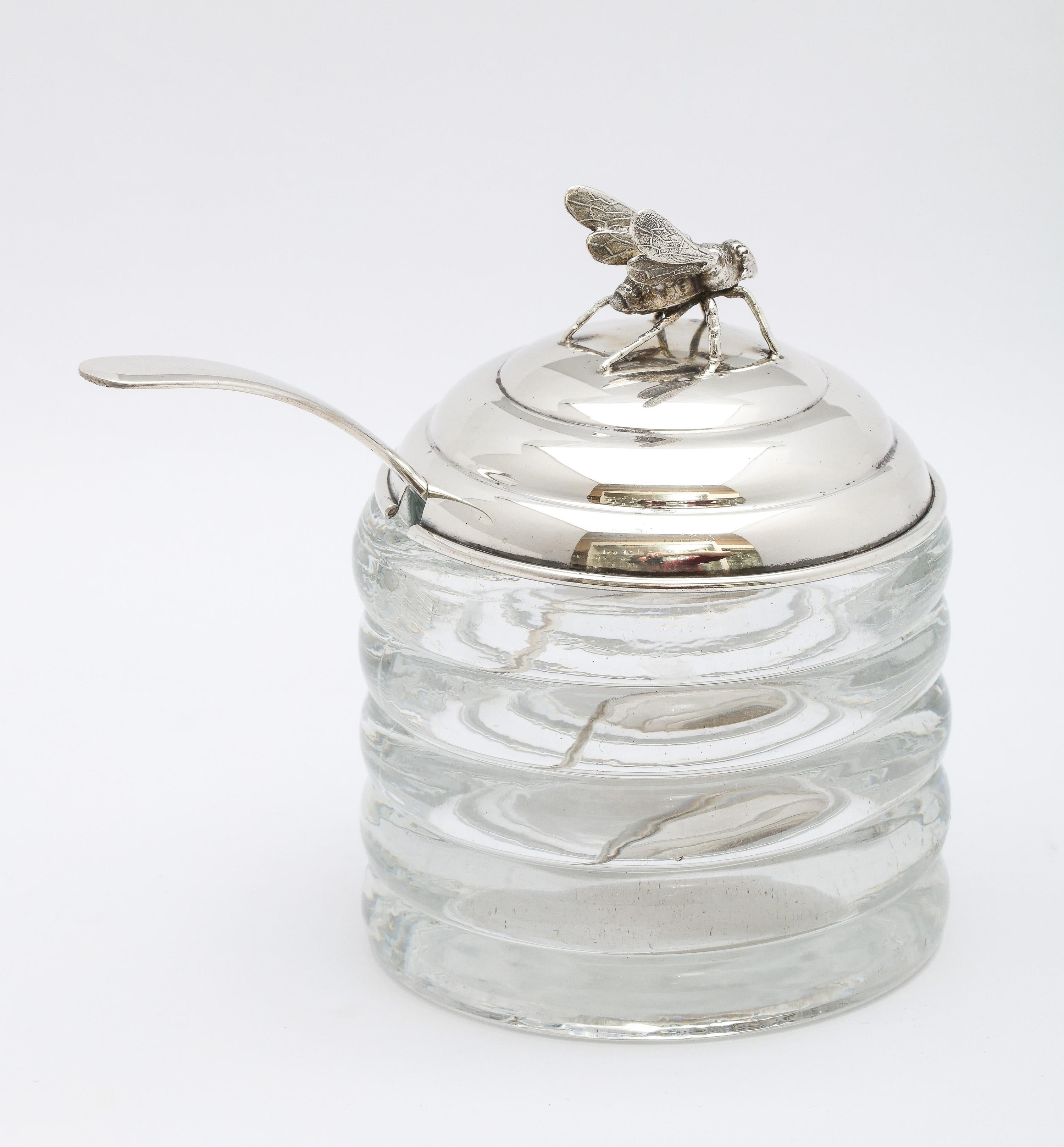 Mid-20th Century Art Deco Period Sterling Silver-Mounted Honey Jar with Original Honey Spoon