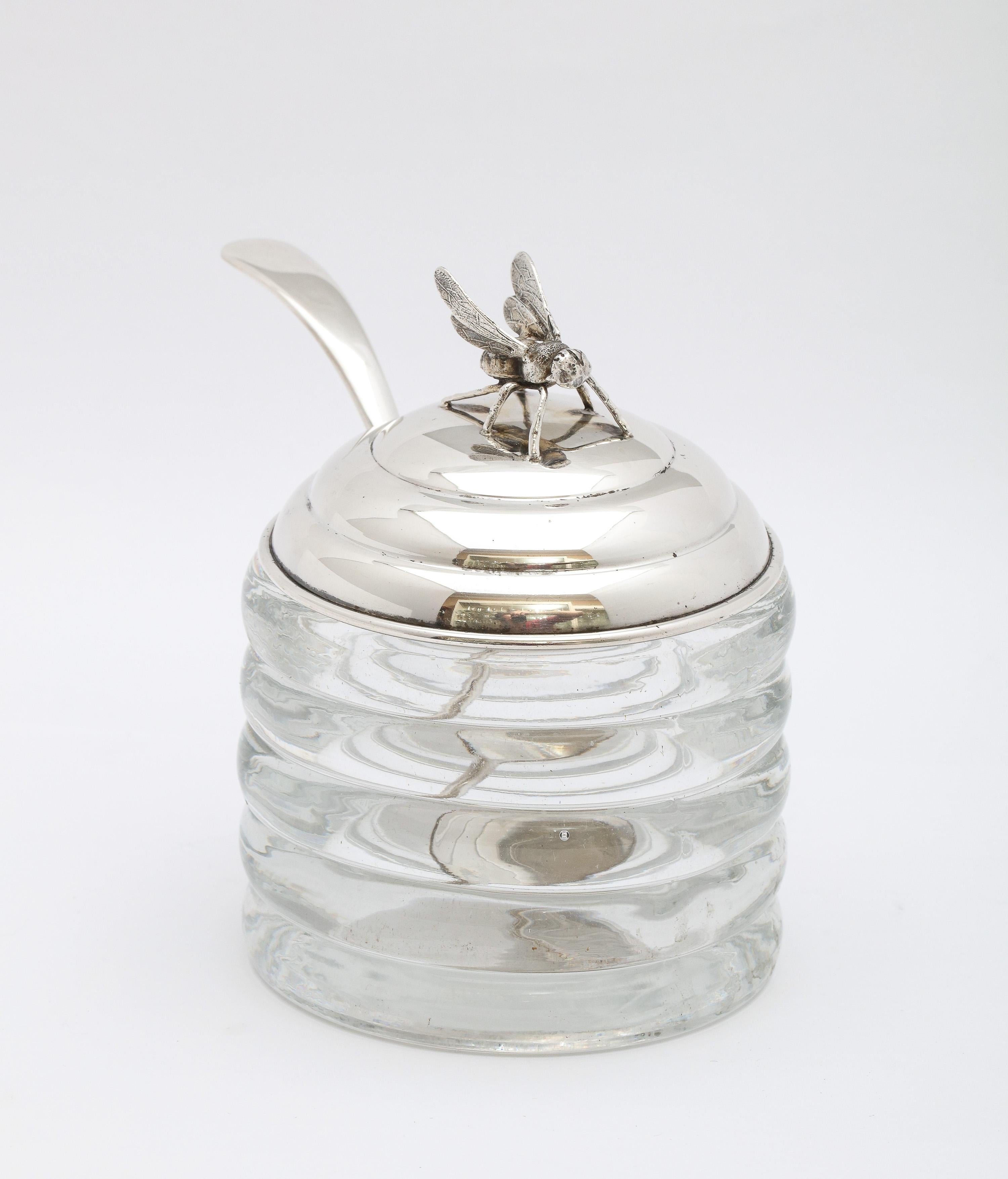 Art Deco Period Sterling Silver-Mounted Honey Jar with Original Honey Spoon 1