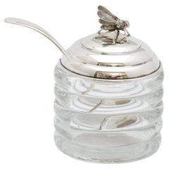 Art Deco Period Sterling Silver-Mounted Honey Jar with Original Honey Spoon