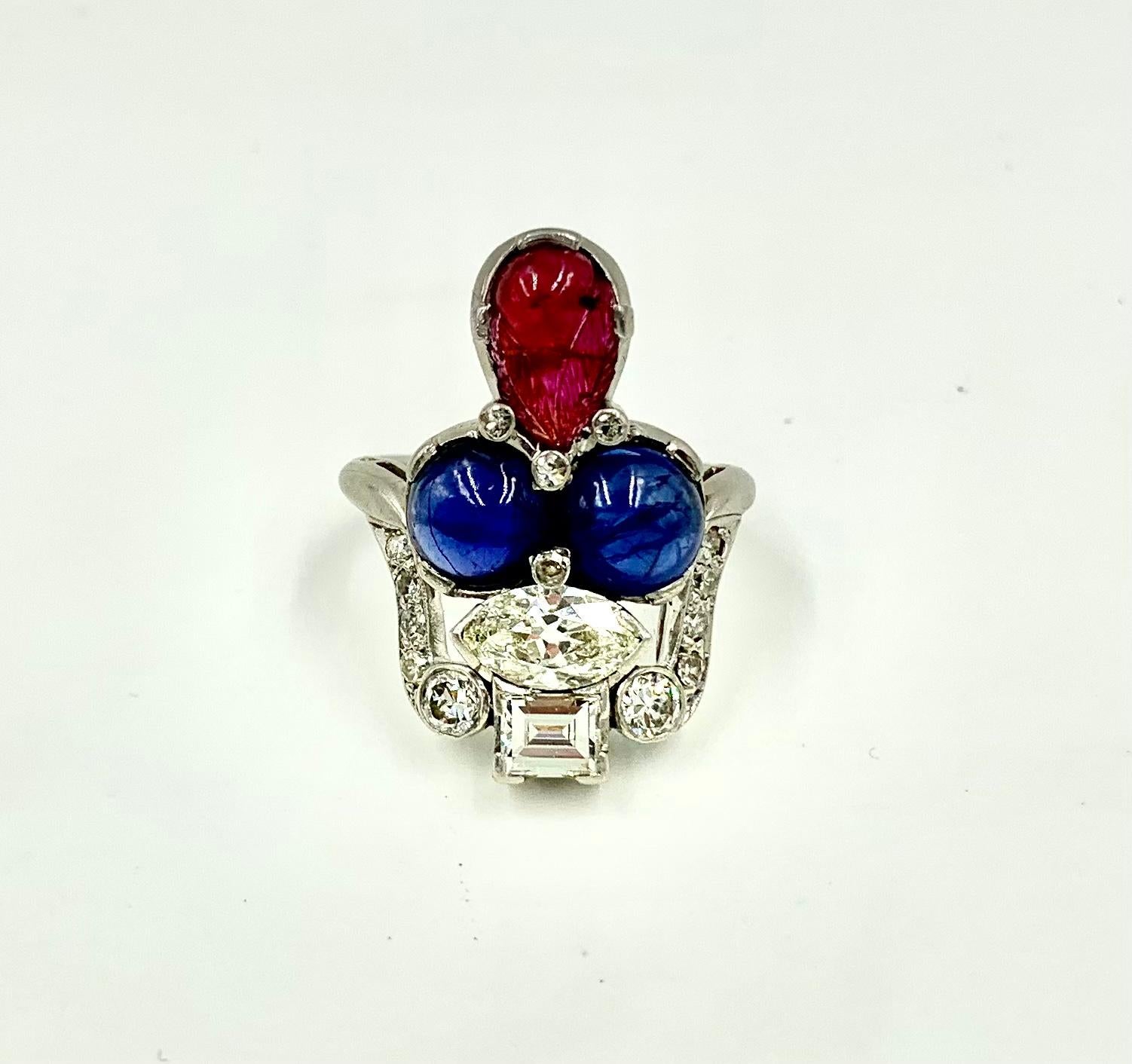 Art Deco Period Tutti Frutti Diamond Sapphire Carved Ruby Platinum Ring For Sale 5
