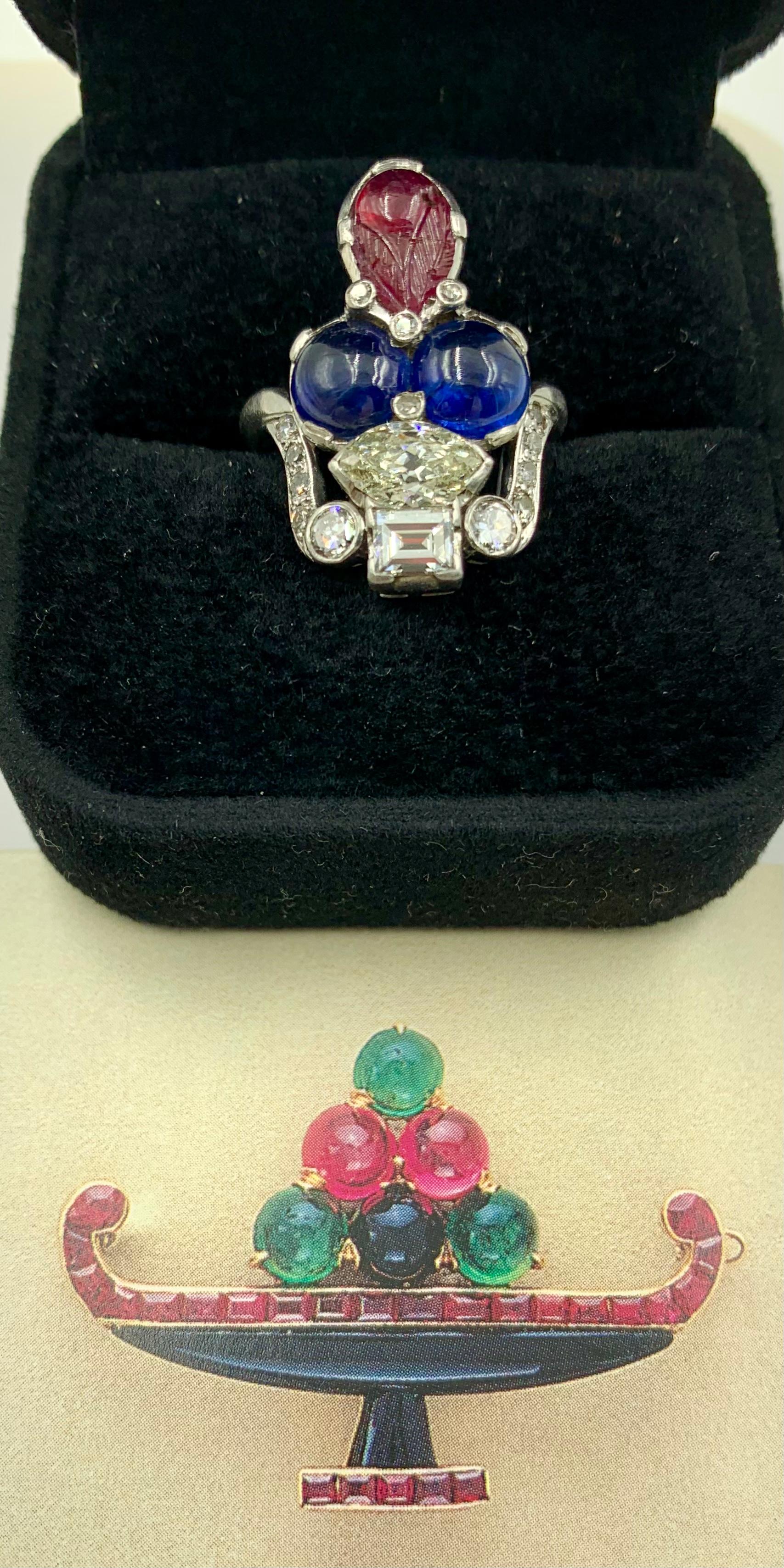 Art Deco Period Tutti Frutti Diamond Sapphire Carved Ruby Platinum Ring For Sale 6