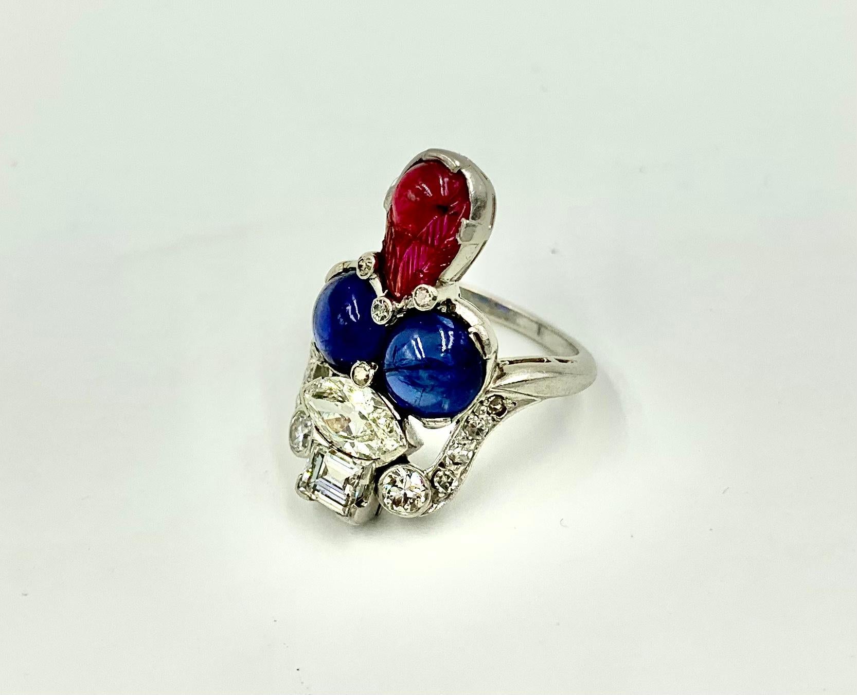 Art Deco Period Tutti Frutti Diamond Sapphire Carved Ruby Platinum Ring For Sale 1